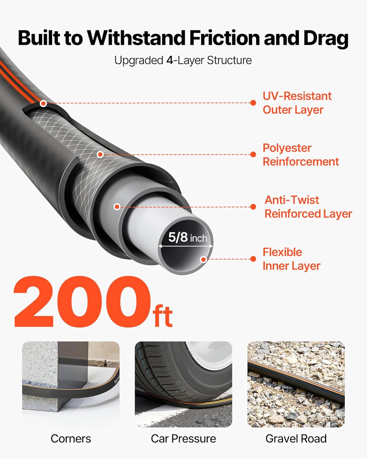 VEVOR Garden Hose, 200 ft 5/8" Heavy Duty Rubber Water Hose with 10 Mode Nozzle, 150PSI Working & 600PSI Burst, Flexible & Non-kink Outdoor Waterhose with 3/4" Fitting, Lightweight Hoses for Gardening