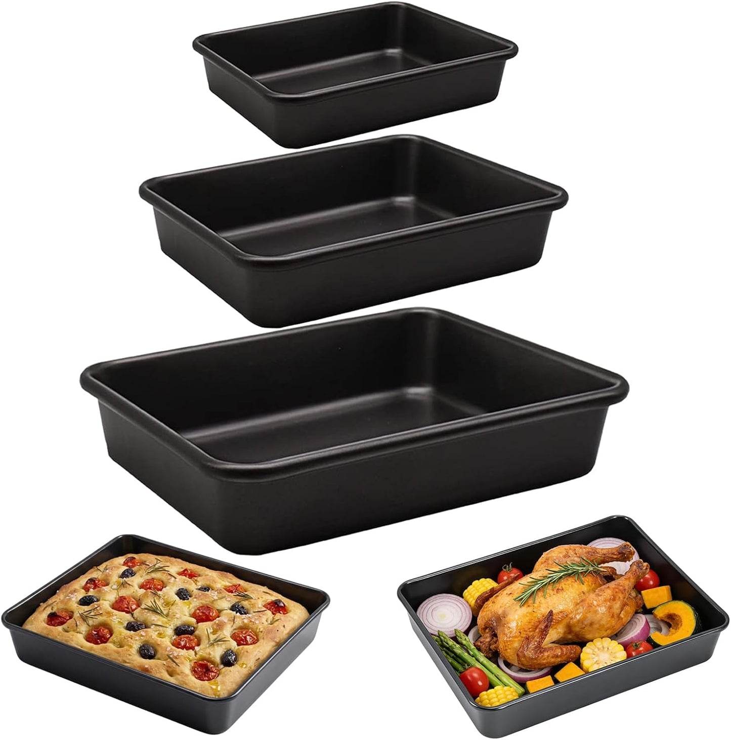 3-Pack Roasting Pan Set, Nonstick Baking Tray Set, Rectangular Bakeware for Oven, Non-Toxic Coating and Durable Quality (Black)