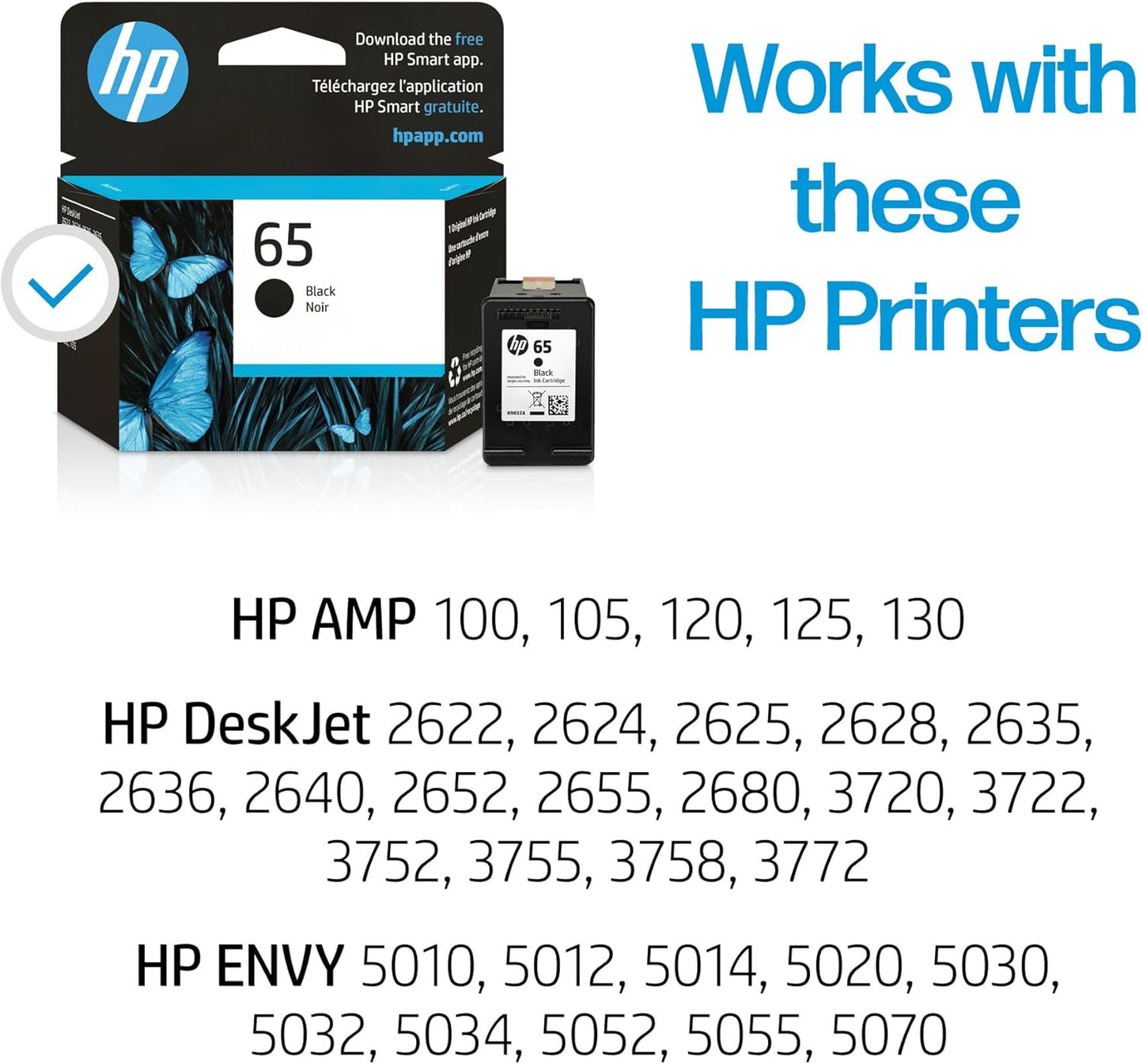 HP 65 Black Ink Cartridge | Works with AMP 100, DeskJet 2600, 3700; Envy 5000 | Eligible for Instant Ink | N9K02AN