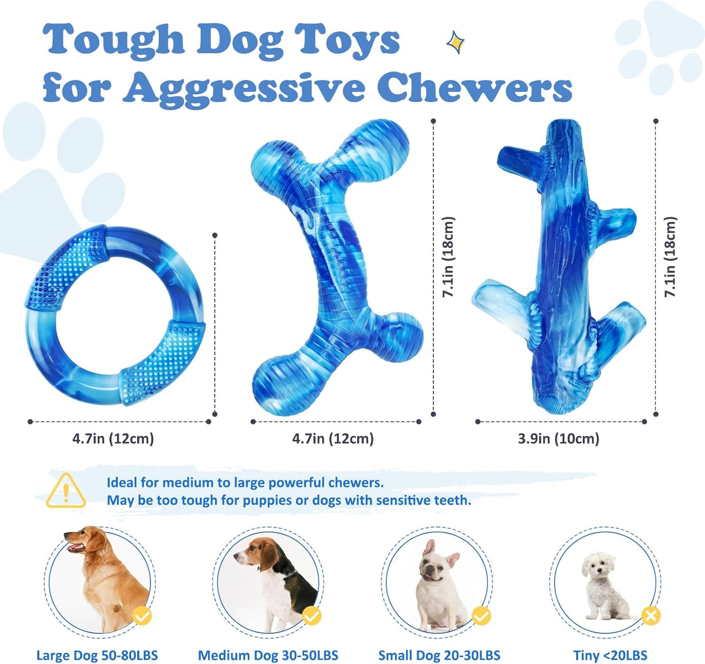 Furdog 3Pack Dog Toys for Aggressive Chewers Dog Chew Toy Tough Dog Toys to Keep Them Busy Bacon Flavor Teething Chew Toys & Dental Health for Large Medium Small Breeds (Blue)