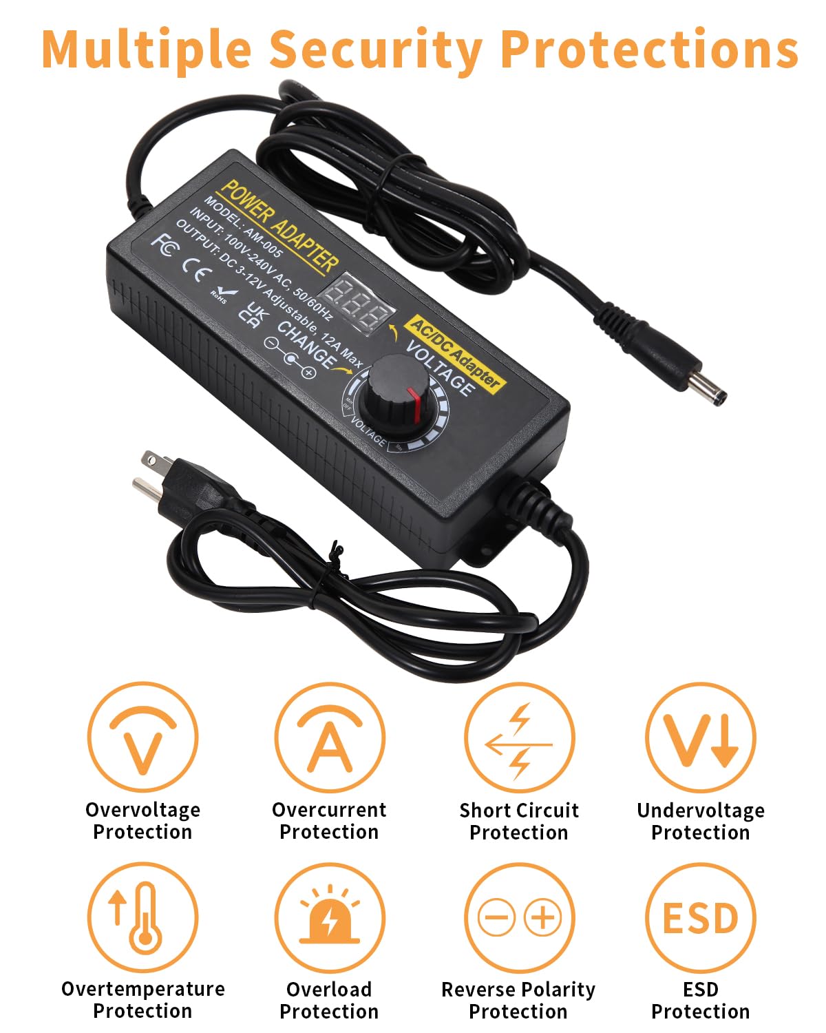 3~12V 12A 144W Adjustable Universal Power Supply Adapter, 3V 4V 5V 6V 7V 8V 9V 10V 11V 12V Variable DC Power Supply with Voltage Display 100V-240V 50-60Hz AC to DC Converter for LED Strip Light Router