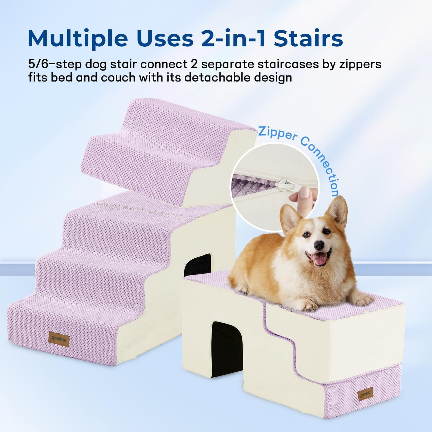 Dog Steps for High Beds - 5 Step 24" H Pet Stairs with Tunnel 2 in 1 with Zippers Suitable for Small Dogs and Cats, Indoor Cat Ladders with Non-Slip Bottom, Beige