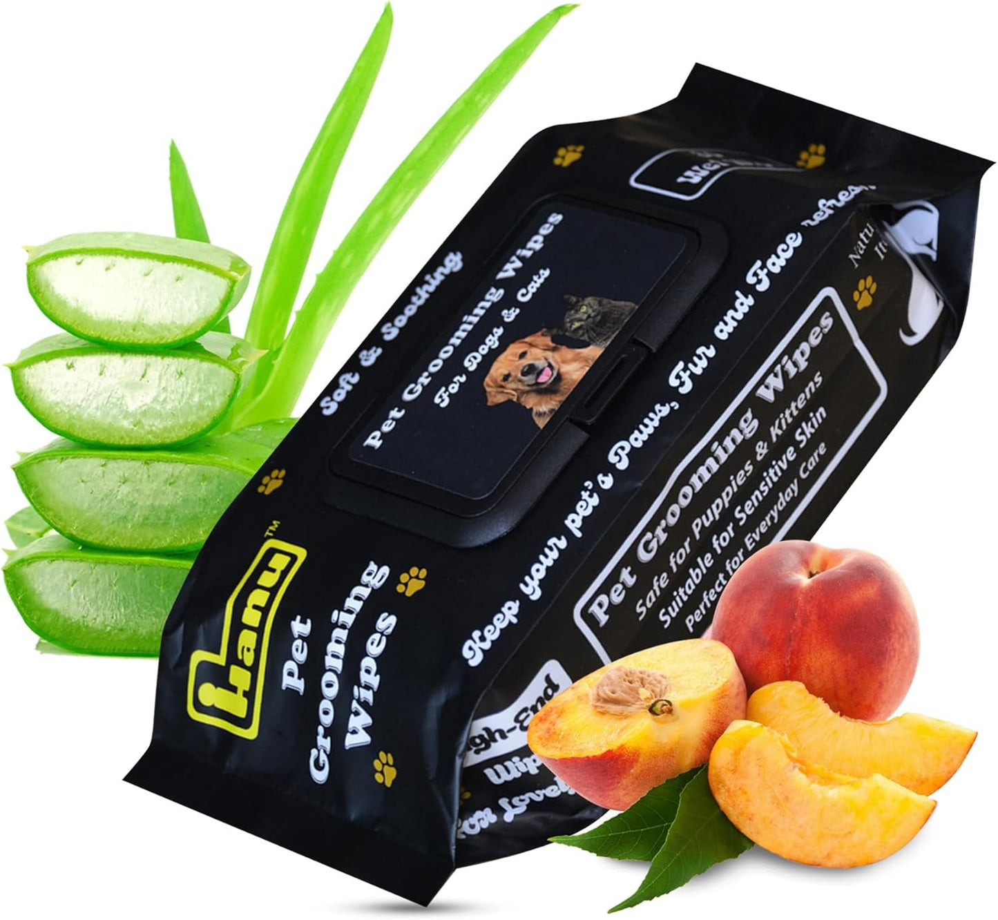 Hanu Pet Grooming Wipes for Dogs and Cats, Hypoallergenic, Cleans Tear Stains, Itching Relief, for face,Paws, Body and Butt, Peach Oolong