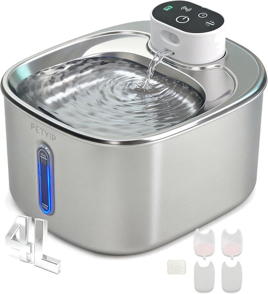 Wireless Cat Water Fountain,Stainless Steel,135 fl oz/4L Battery Powered Automatic Pet Water Dispenser, Cordless Design,Drinking Fountain for Cats, Dogs & Indoor (Cat Fountain+2 Filter)