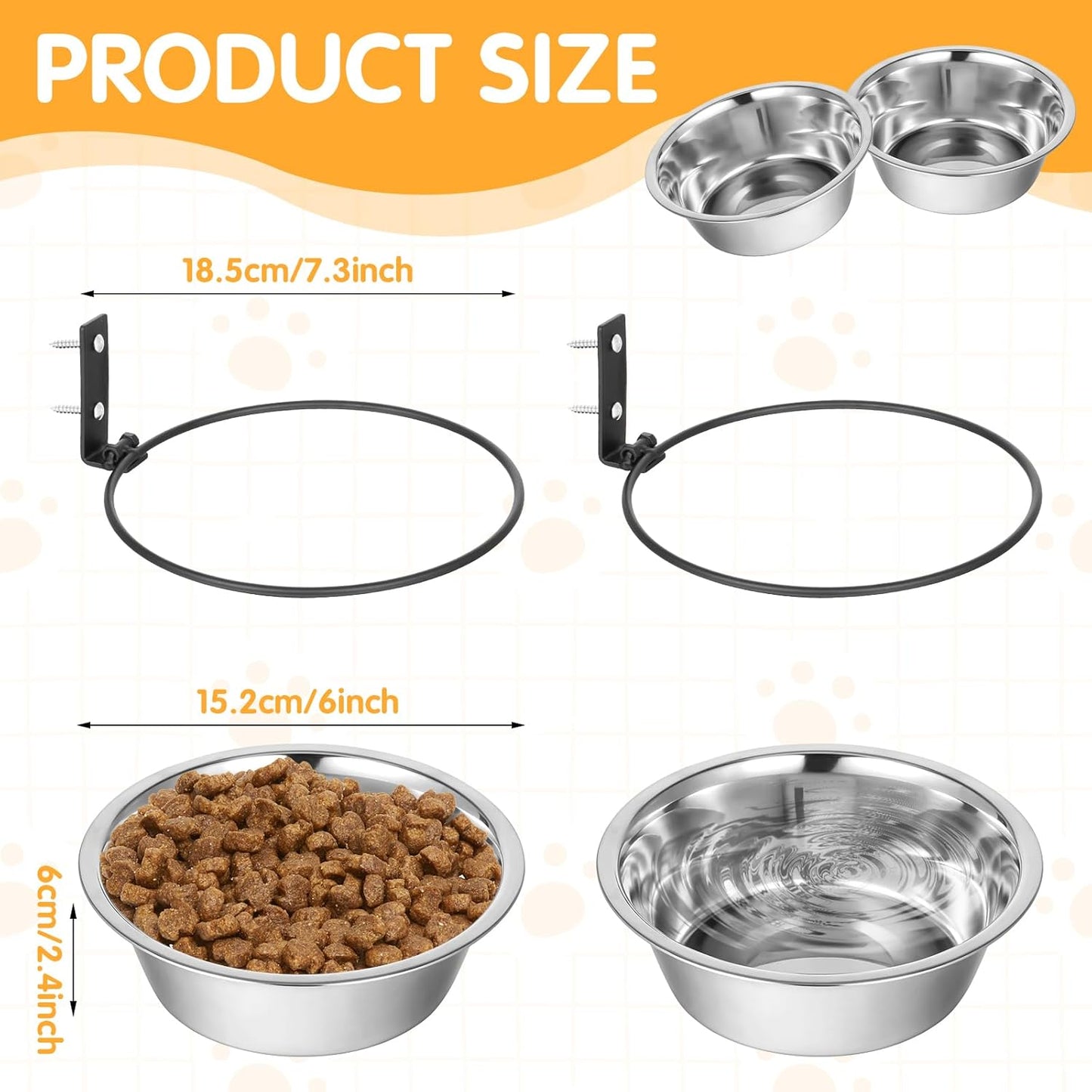 2 Pcs Wall Mounted Dog Bowl, Wall Mounted Pet Feeding Bowls, Elevated Pets Bowls, Adjustable Heights Hanging Stainless Steel Dog Food and Water Bowl with Collapsible Stand Holder