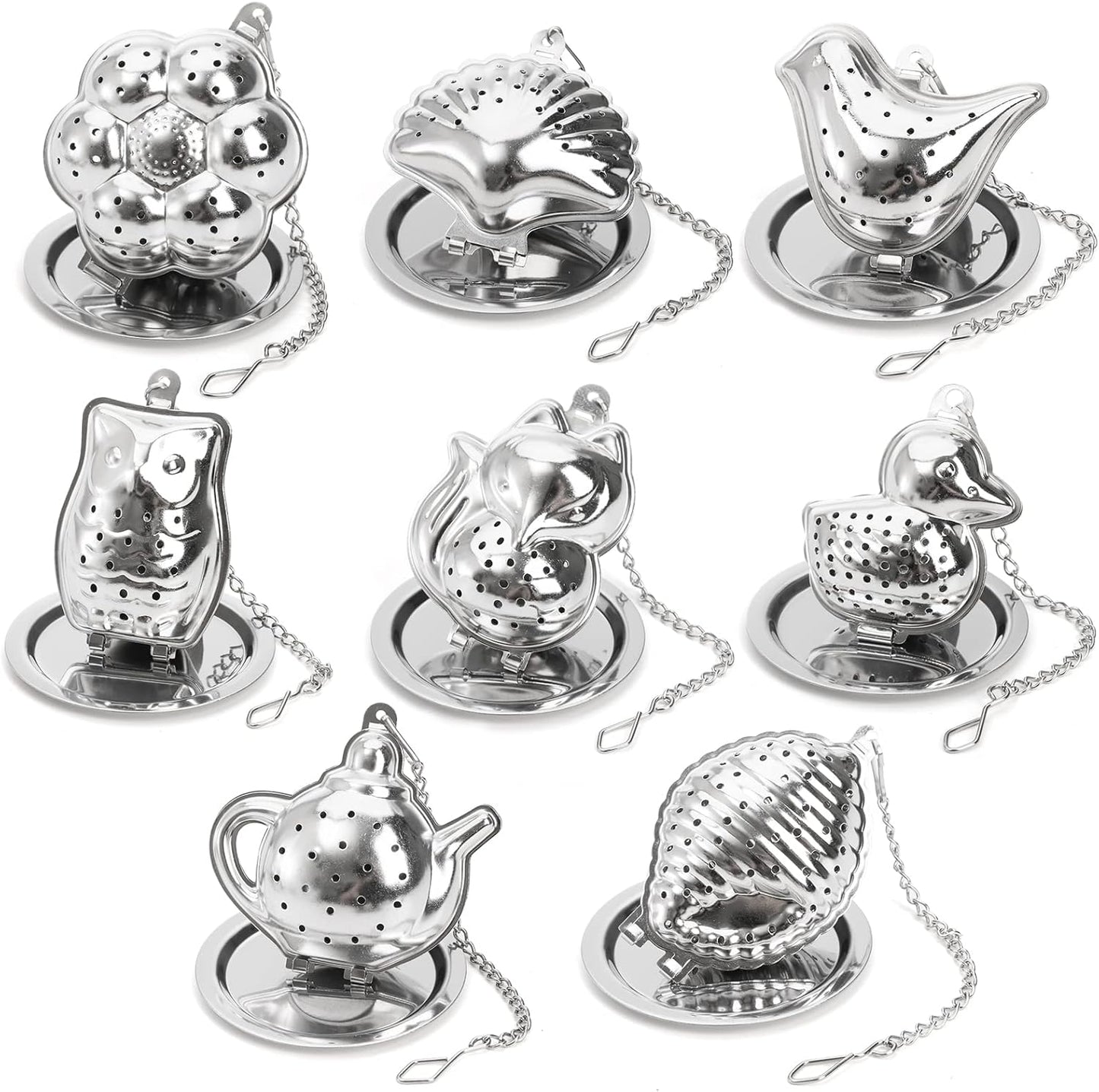 Elsjoy Set of 8 Loose Leaf Tea Infusers with Chain and 8 Drip Trays, 18/8 Stainless Steel Tea Balls Cute Tea Steepers, Mini Tea Strainer Tea Filter Set for Mugs, Tea Cups, Teapots, 16 Pcs