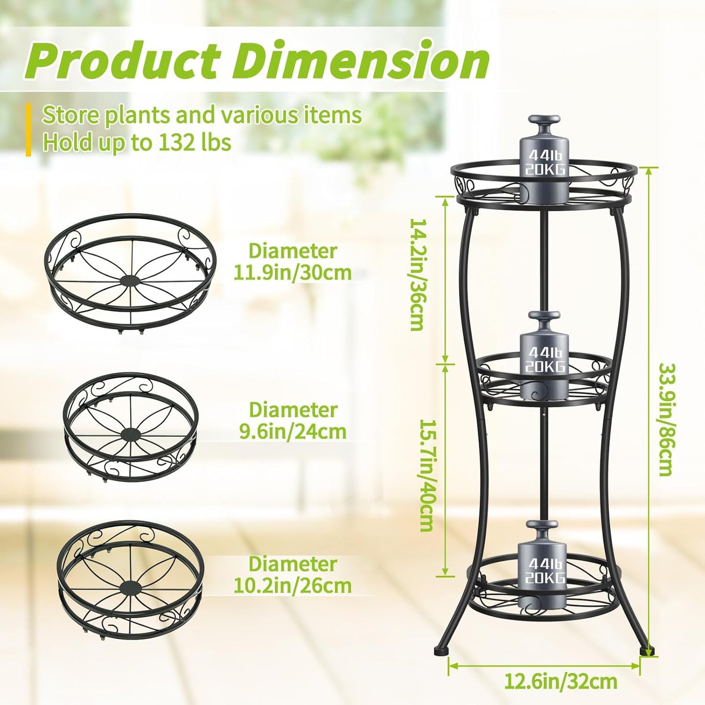 KMOTASUO 3 Tier Tall Metal Plant Stand, 33 Inch Plant Stands Indoor Outdoor, Rustproof Iron Flower Pot Holder Display Rack for Corner Patio Garden Balcony Living Room(Black)