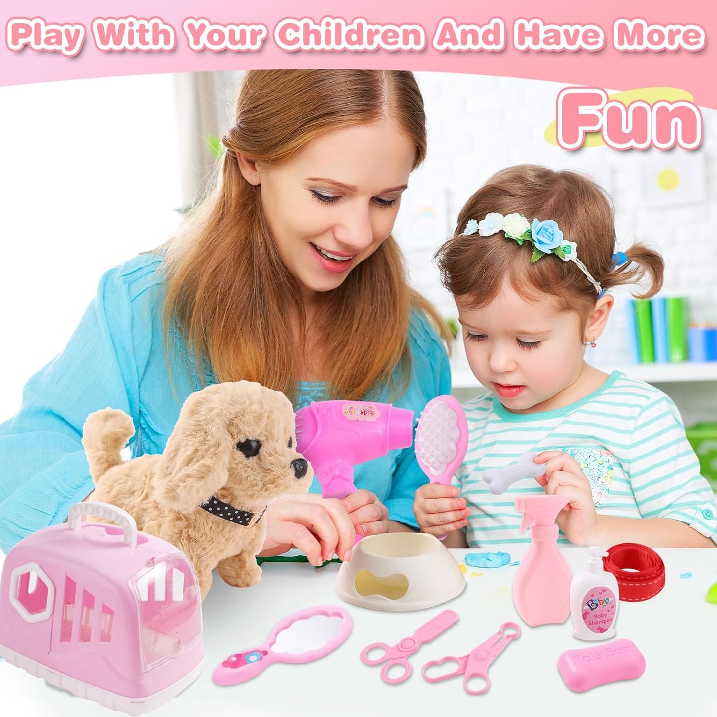 14PCS Dog Toys for Kids, Walking Barking Electronic Interactive Plush Puppy Toy with Carrier and Accessories, Pet Care Toy Set for Kids, for Girls and Boys 3 4 5 6+ Year Old