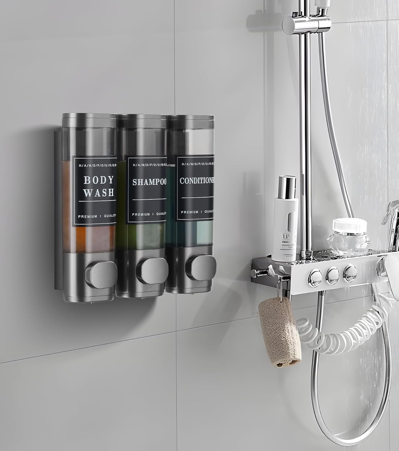 Shower Soap Dispenser Wall Mounted No Drill Shampoo Dispenser for Shower Wall Shampoo and Conditioner Dispenser Bathroom Hotel 3 * 300ml Gungray with Labels