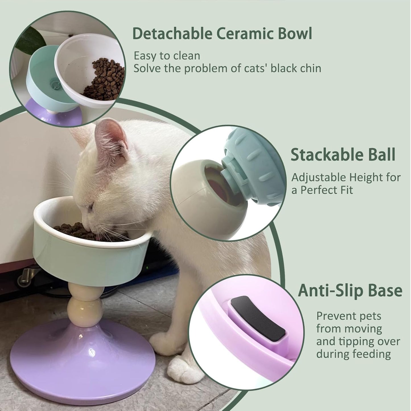 Elevated Cat Bowls, Slanted Ceramic Cat Bowl for Indoor Cats Adjustable Height Kitten Food Bowl Non-Slip Neck Protection Adjusts to 4.69", 5.98", 7.28" (Lavender Mint, S)