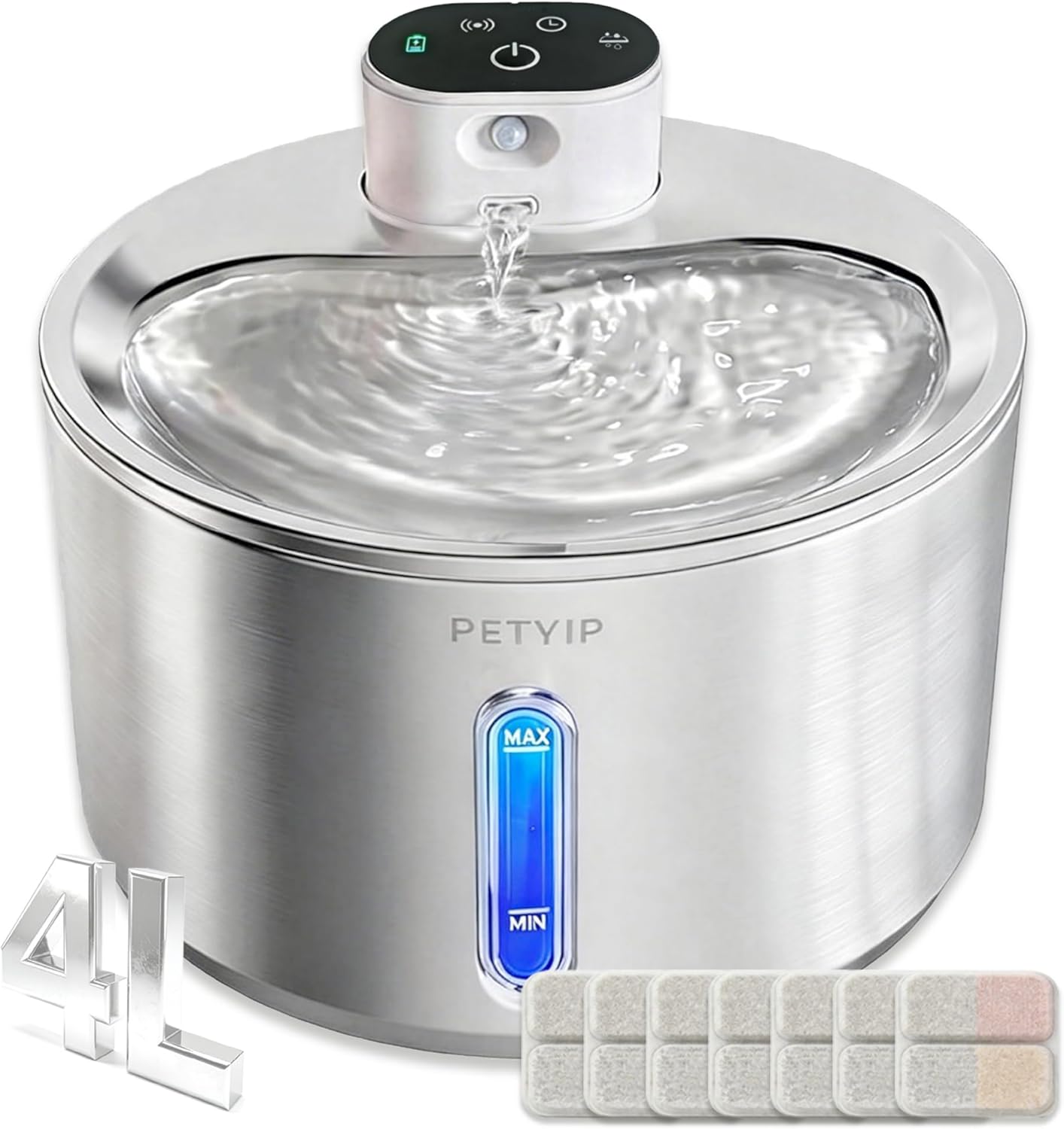 Cat Water Fountain Stainless Steel,135 Fl Oz/4L Wireless Automatic Cat Water Dispenser,5000mAh Battery Powered,for Cats & Dogs Indoor (Cat Fountain + 7 Set Filter)
