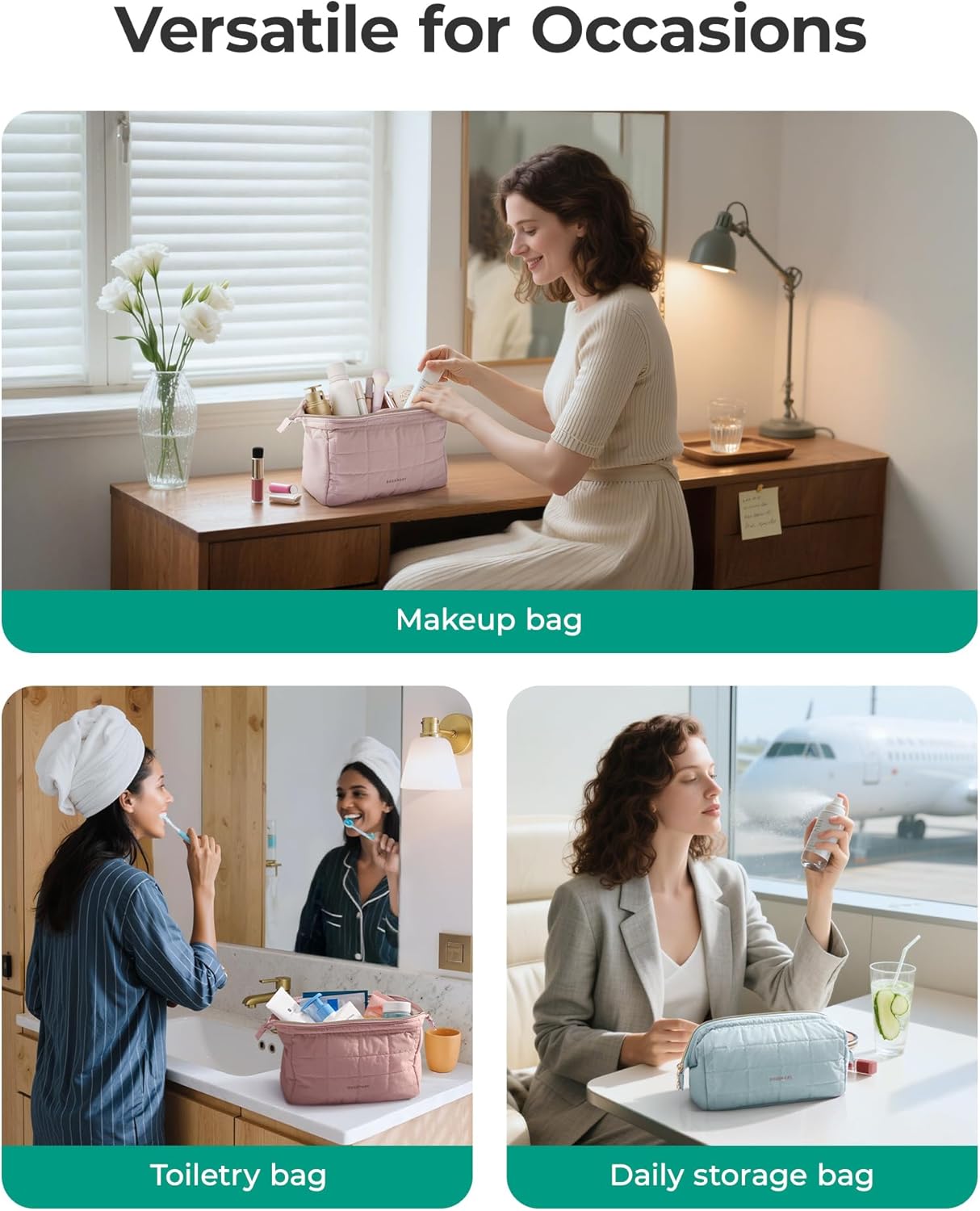 BAGSMART Makeup Bag Travel Toiletry Bag, Puffy Padded Make Up Bags for Women Makeup Organizer Case, Wide-open Pouch Purse Travel Essentials Toiletries Accessories Brushes, Pink