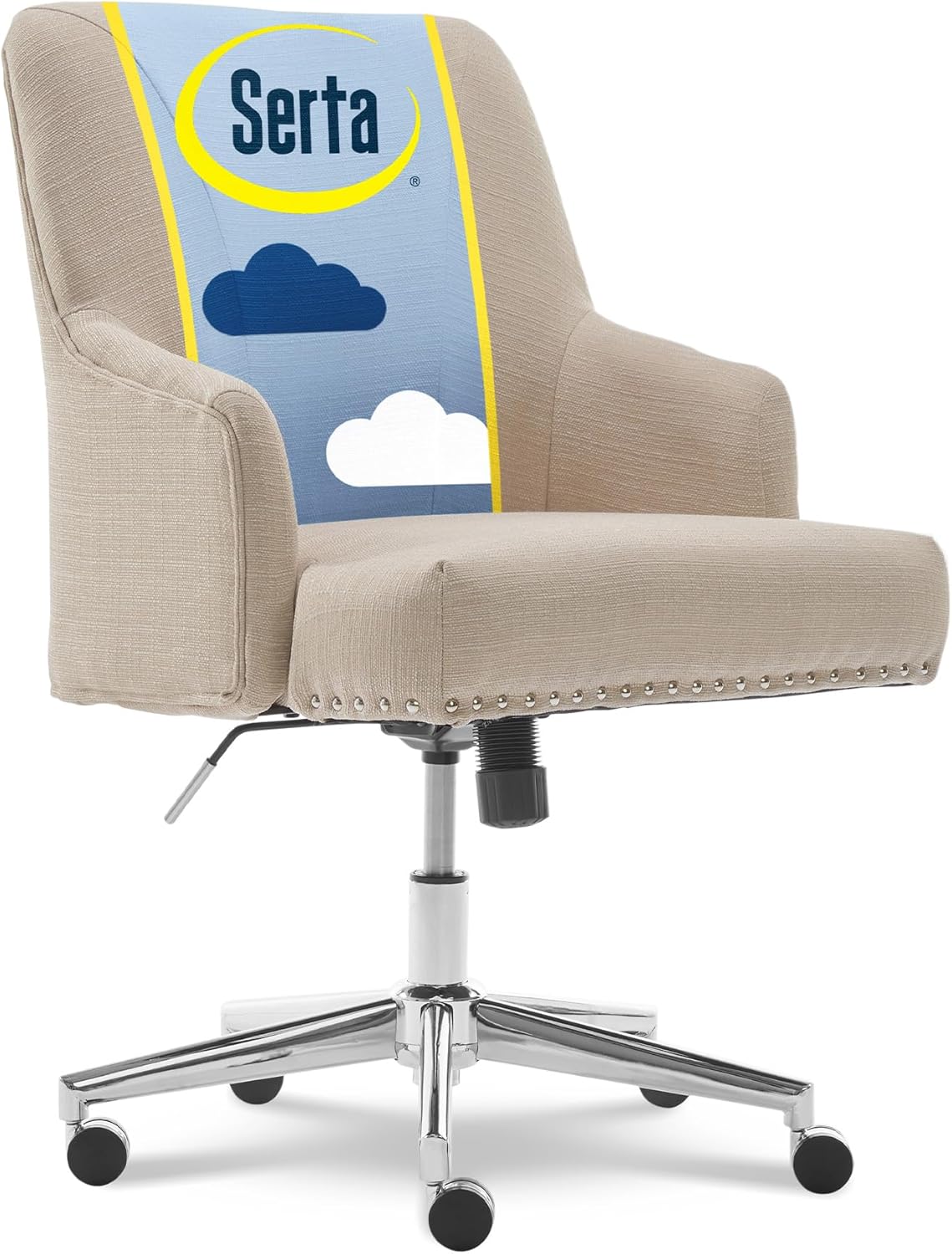 Serta Leighton Home Office Desk Chair, Mid-Back with Chrome Nailheads, Memory Foam Cushion and Padded Arms, Modern Makeup Vanity Armchair with Wheels, Swivel Base, Twill Fabric, Stoneware Beige