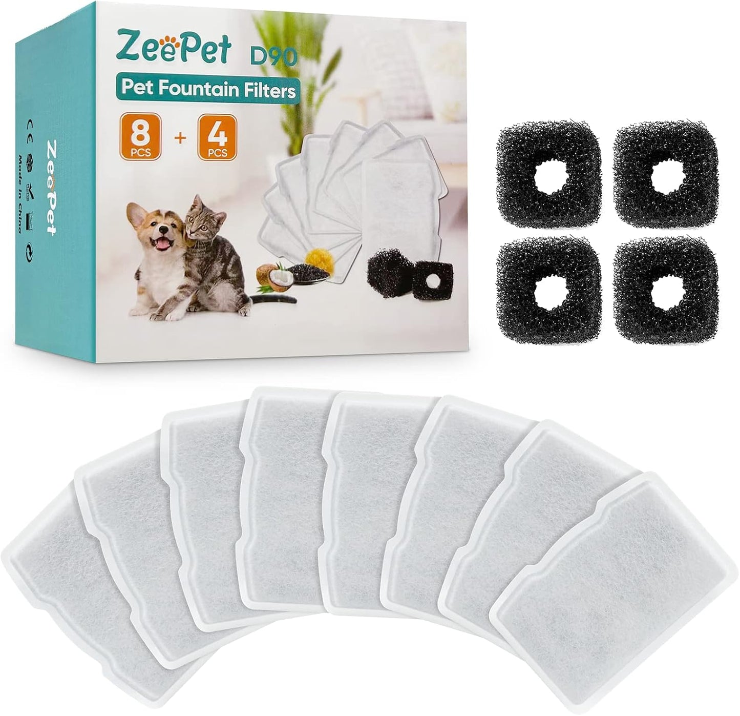 cat water fountain filter Replacements for 120oz/3.5L Stainless Steel D90 Pet Water Fountain,(Pump filter x4, Carbon Resin Filters x8)