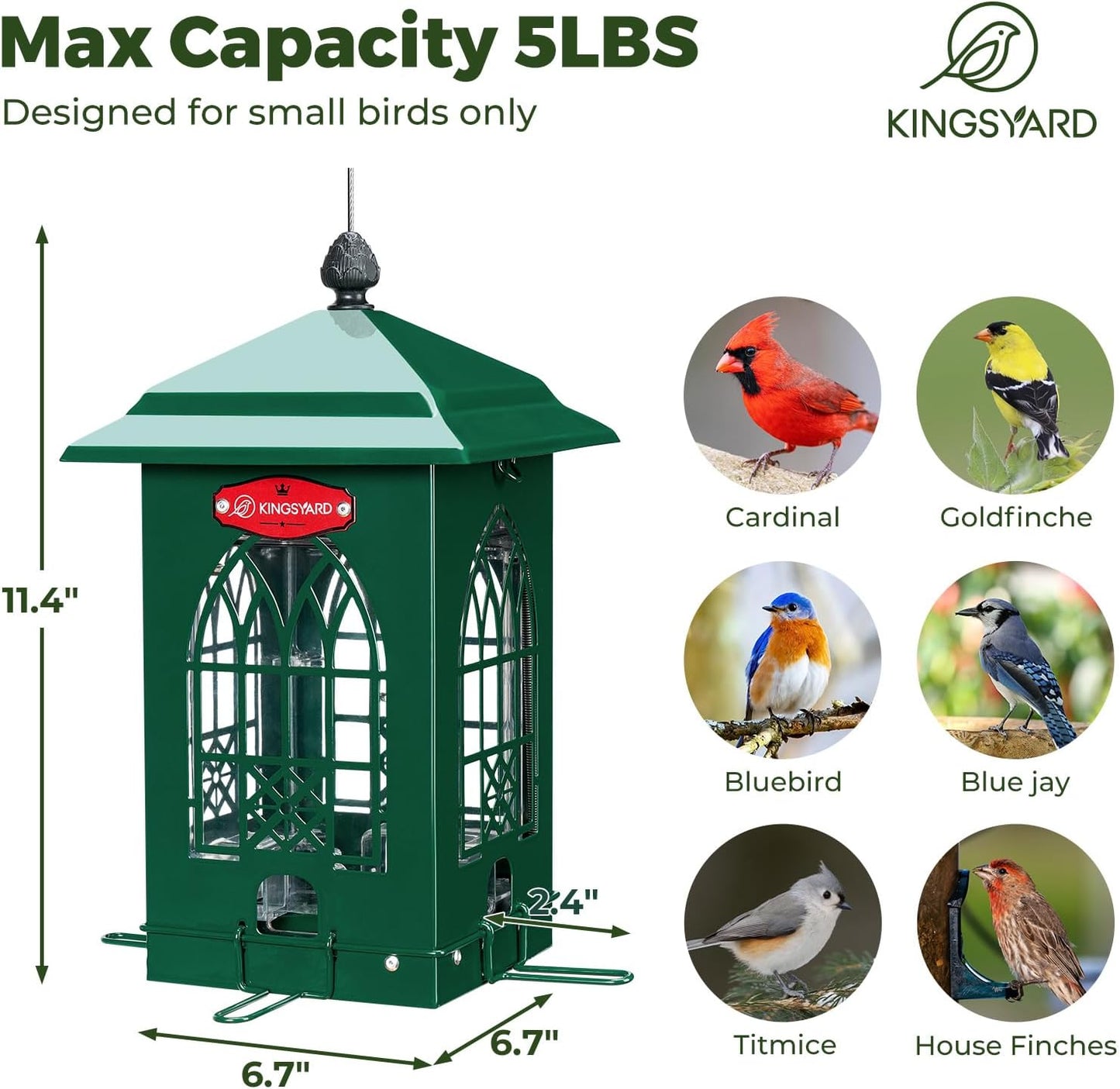 Kingsyard Squirrel Proof Bird Feeders for Outdoors with Weight-Activated Perches, 5 Lbs Capacity Large Metal Bird Feeder House for Small Wildbirds Cardinal Finch Bluebird, Weatherproof, Green