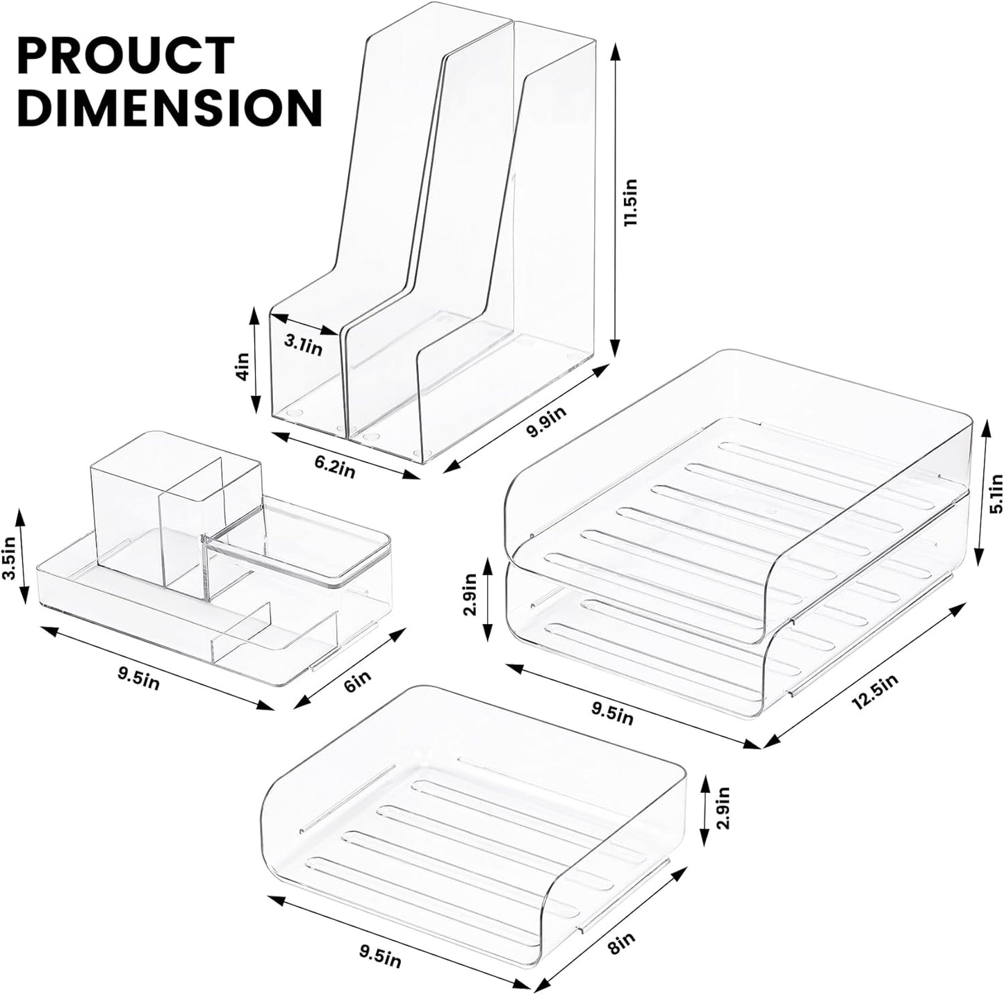 Desk Organizer with 2 Vertical File Holder, 4 Tier Stackable Paper Letter Tray File Organizer with 5-Compartments Pen Holder, Clear Desktop Organizer Office Organization and Storage