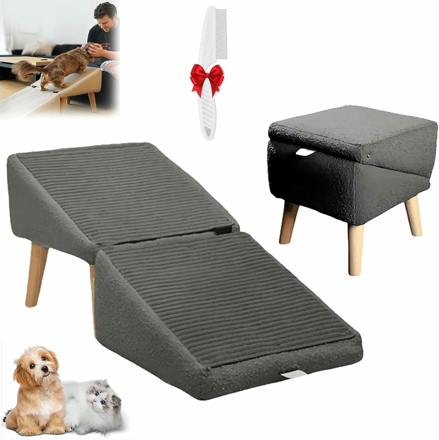 Split Ottoman Dog Ramp, 2-in-1 Convertible Wooden Home Step Stool Dog Ramp Stairs, Suitable for Small, Medium-Sized Dogs and Cats, Soft Non-Slip Surface, Portable Pet Ladder