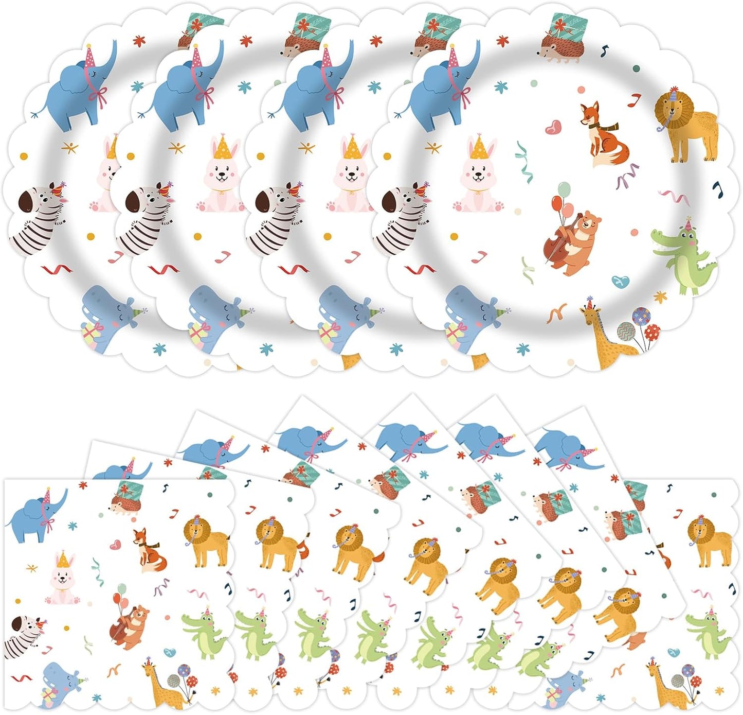 50pcs Animal Parade Paper Plates&Napkins Party Supplies-Scalloped Cute Disposable Animal Tableware White Birthday Dinner Plates for Kids Animal Zoo Birthday Baby Shower Party Celebrations Serves 25