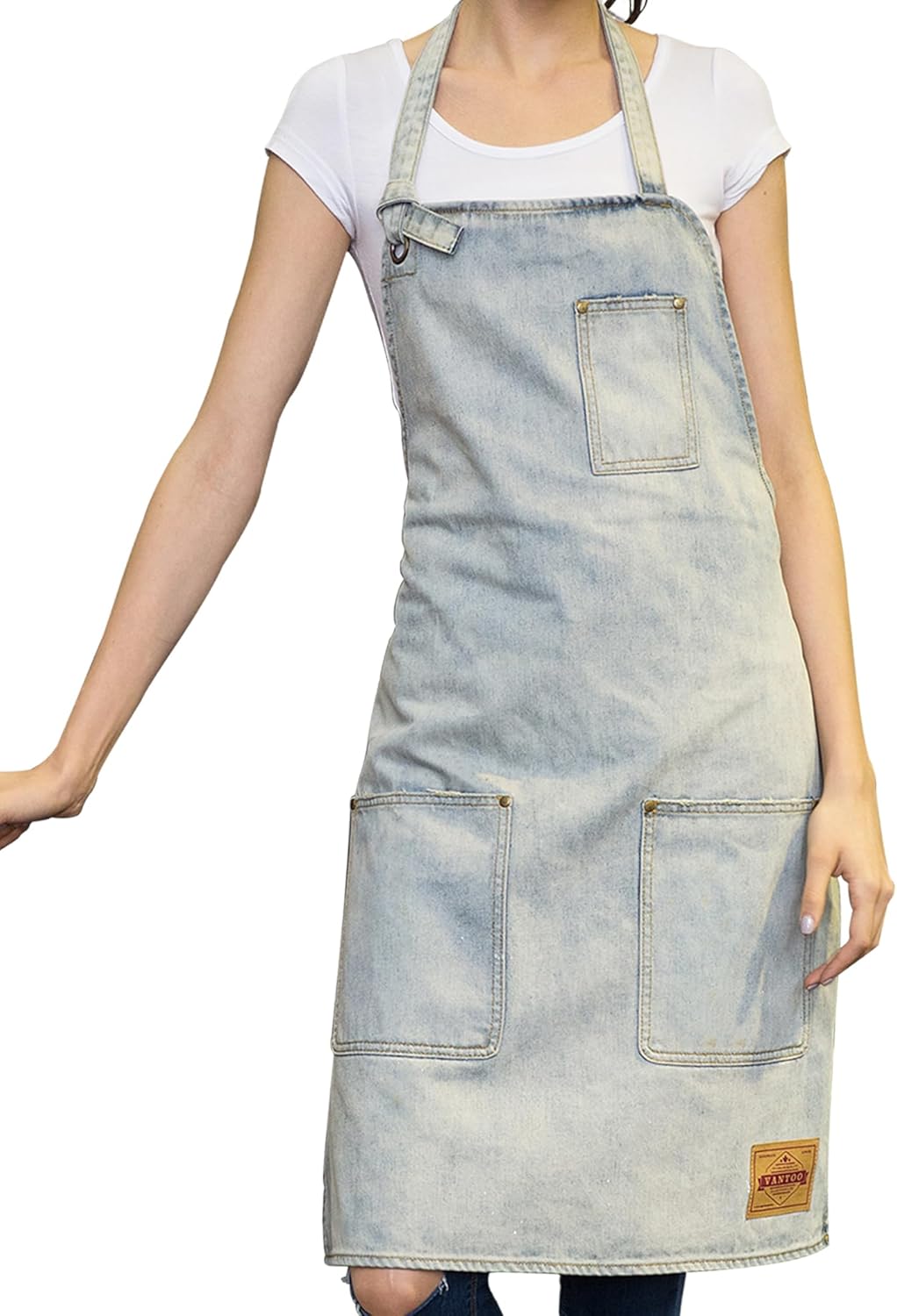Denim Chef Apron for Women with Pockets, Jean Waitress Server Kitchen Apron for Men Cooking Gardening Painting