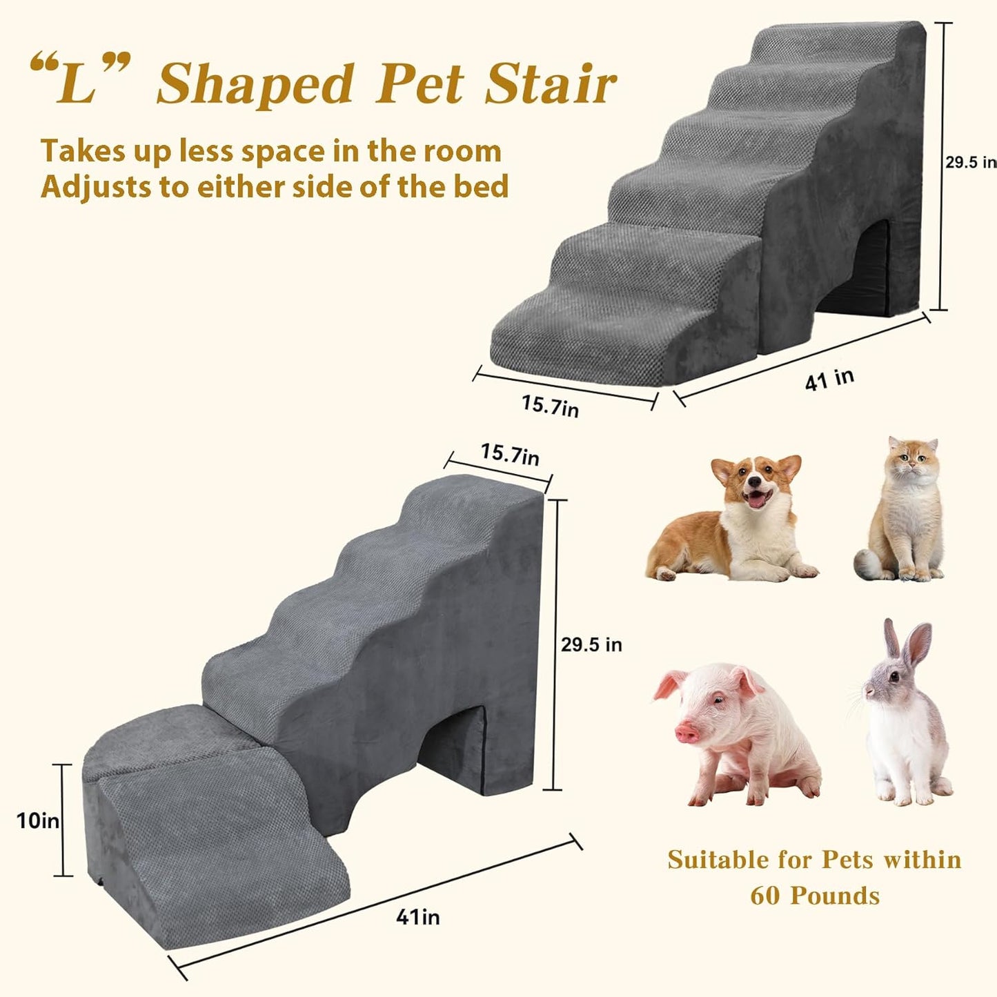 Dog Stairs for Small Dogs - LitaiL Dog Steps for High Bed, Sturdy 30in Stairs for Dogs to Get on Bed, Tall Pet Stairs Ramps with Removable Cover, Foam Pet Ramps for Bedside