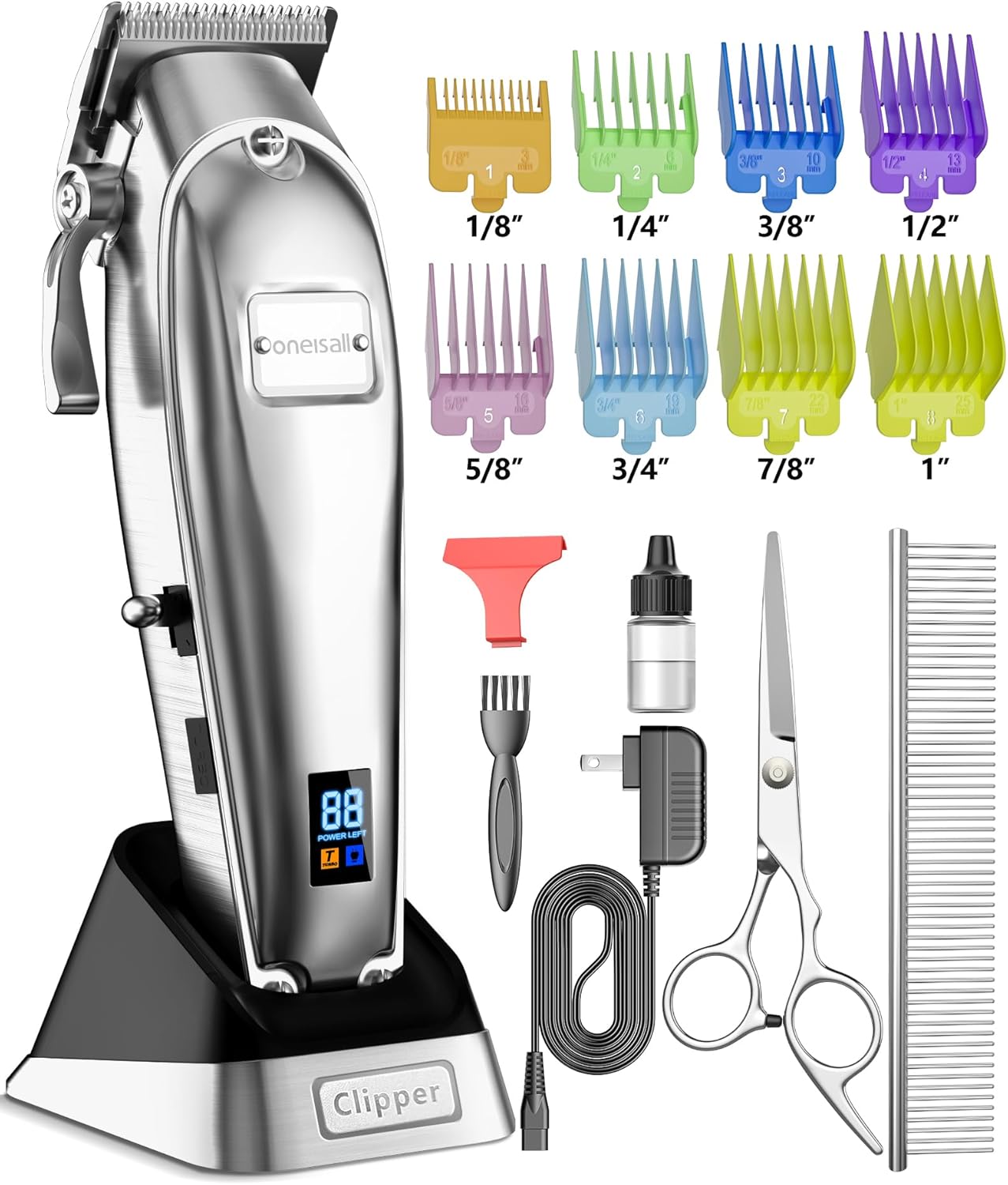 oneisall Dog Grooming Clippers for Thick Heavy Coats,Low Noise Cordless Dog Grooming Kit with Metal Blades, All Stainless Steel, 2 Speeds