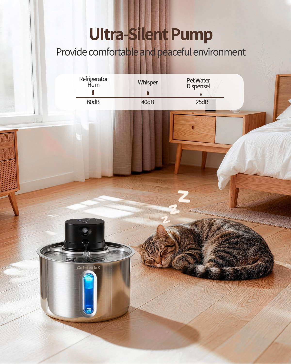 Wireless Cat Water Fountain Cordless Stainless Steel Cat Fountain Battery Operated 74oz/2.2L Rechargeable Automatic Pet Water Fountain for Cats Indoor