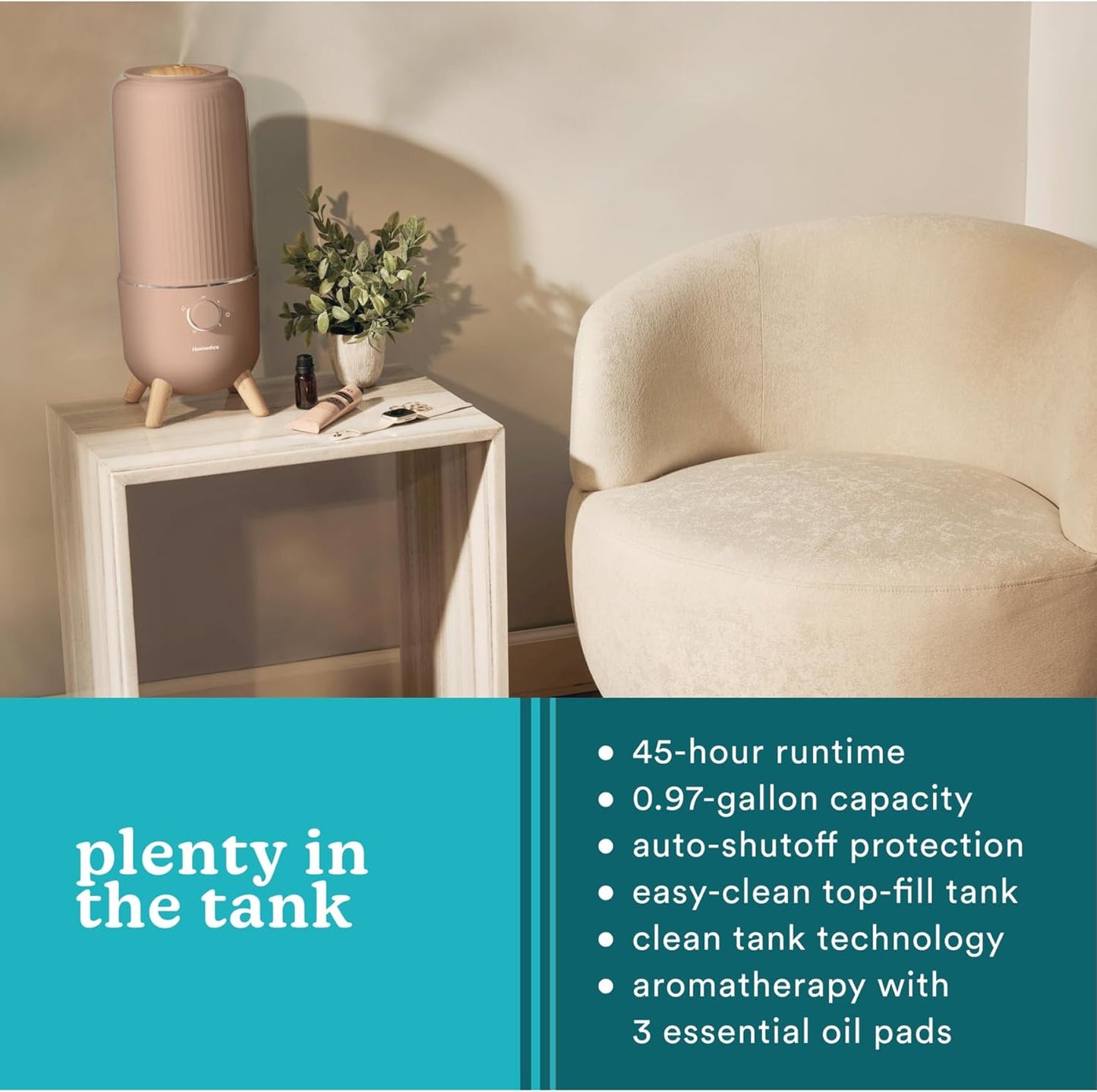 Homedics Ultrasonic Humidifier, Bedrooms and Home Offices, 0.97-Gallon Tank, 45-Hour Runtime, Visible Ultra-Quiet Cool Mist, Aromatherapy, Demineralization Cartridge, Night-Light, Auto-Off, Taupe
