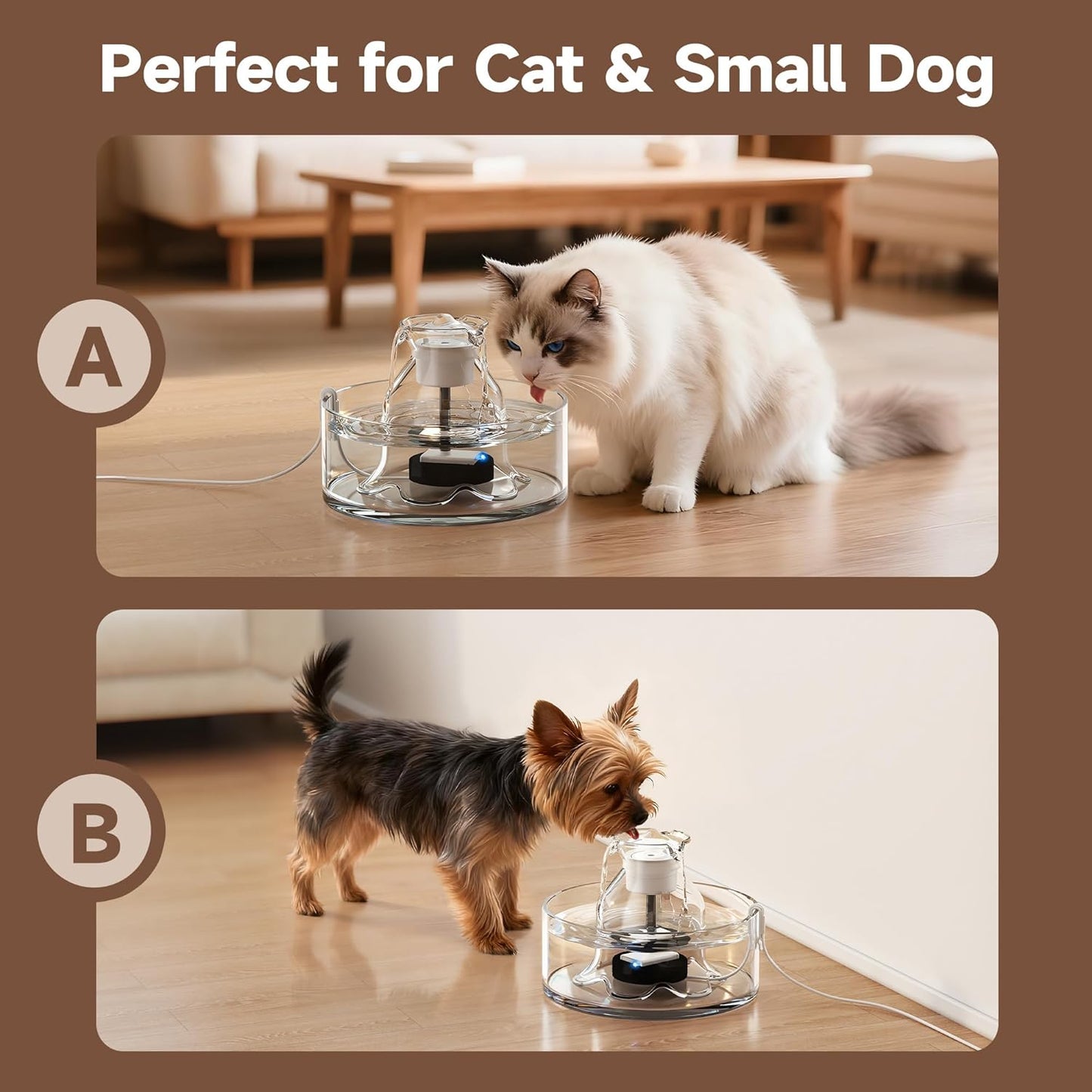 Glass Cat Water Fountain, 2.7L/91 oz Ultra-Quiet Pet Fountain, Automatic Water Dispenser for Cats & Small Dogs, Spill-Resistant Pet Water Bowl, BPA-Free, Includes 2 Filters, Effortless to Clean