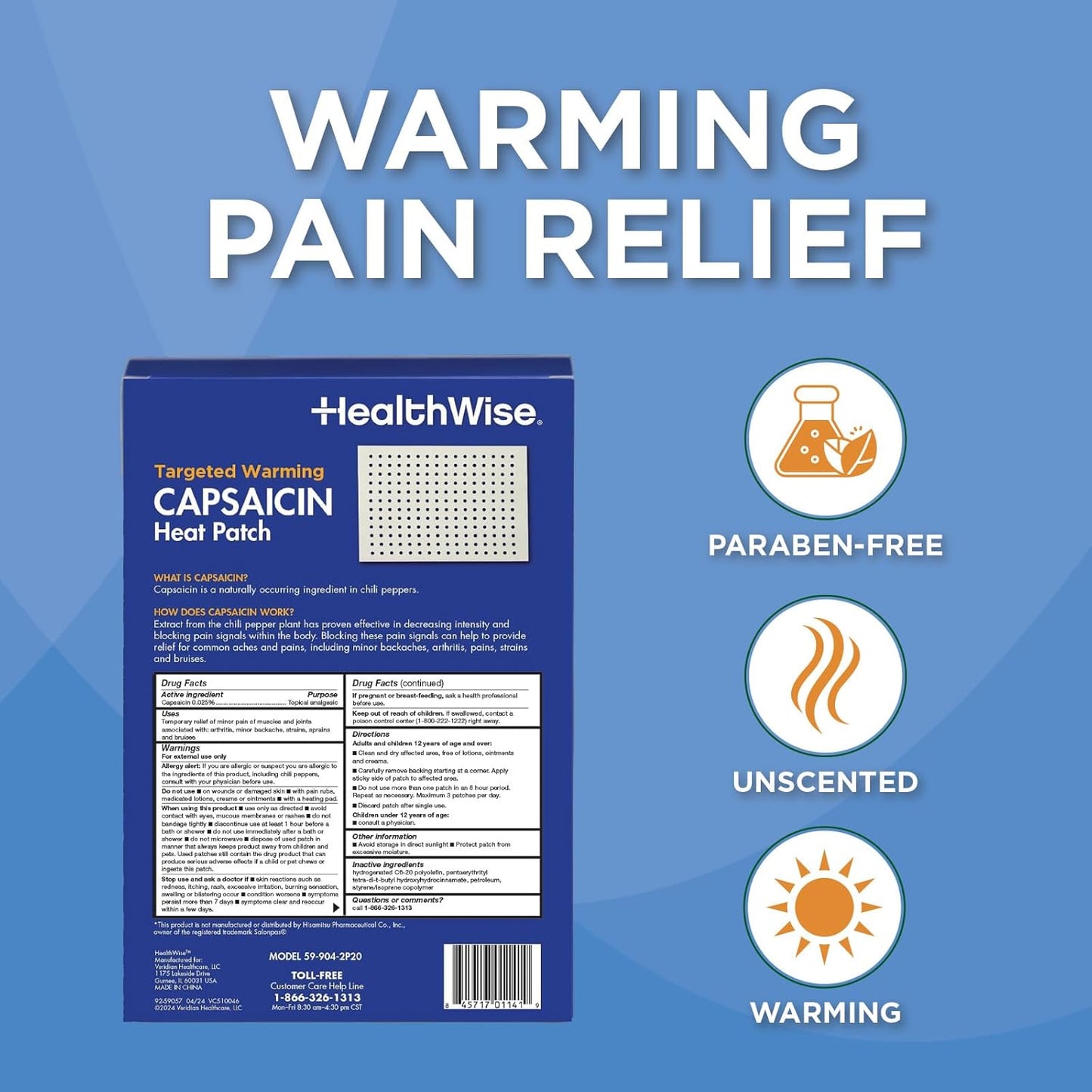 HealthWise Targeted Warming Capsaicin Heat Patch | Back & Large Areas | 20-Count | 5.25” x 7” | Topical Analgesic | Soothes Minor Aches and Pains