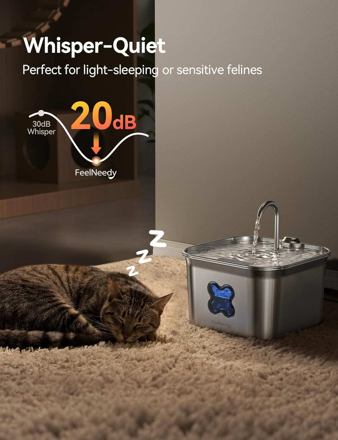 FEELNEEDY Cat Water Fountain, 304 Stainless Steel - 95oz/2.8L Faucet-Style Pet Drinking Fountain for Cats & Small Dogs, Ultra-Quiet <20dB, Dishwasher Safe, 4-Stage Filtration & Water Level Window