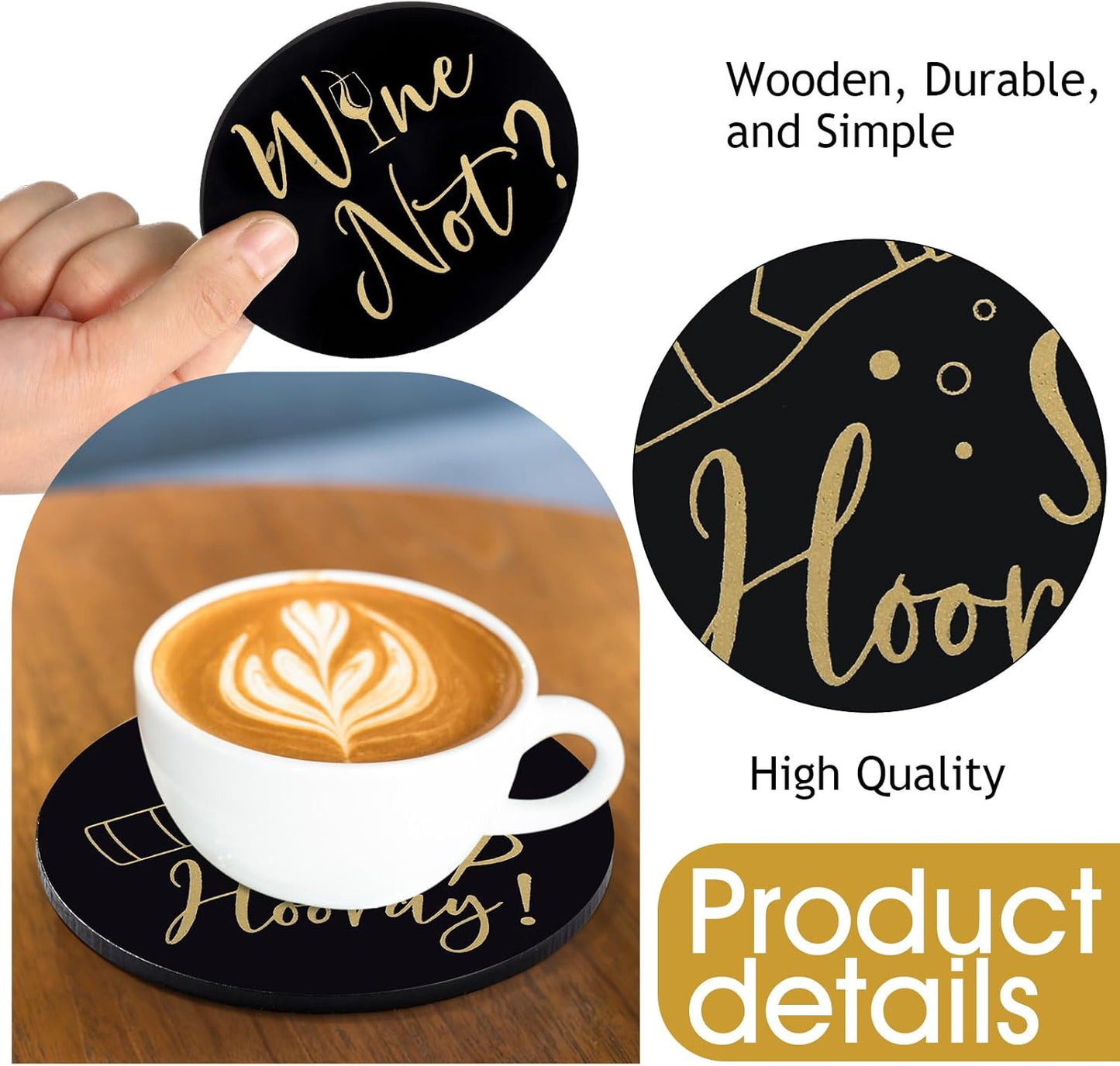 Wine Gifts Coasters for Women Set of 6 Wine Accessories for Lovers House Warming Gifts New Home Funny Cocktail Coasters with Holder for Adults Bar Party, 4 Inch(Black)