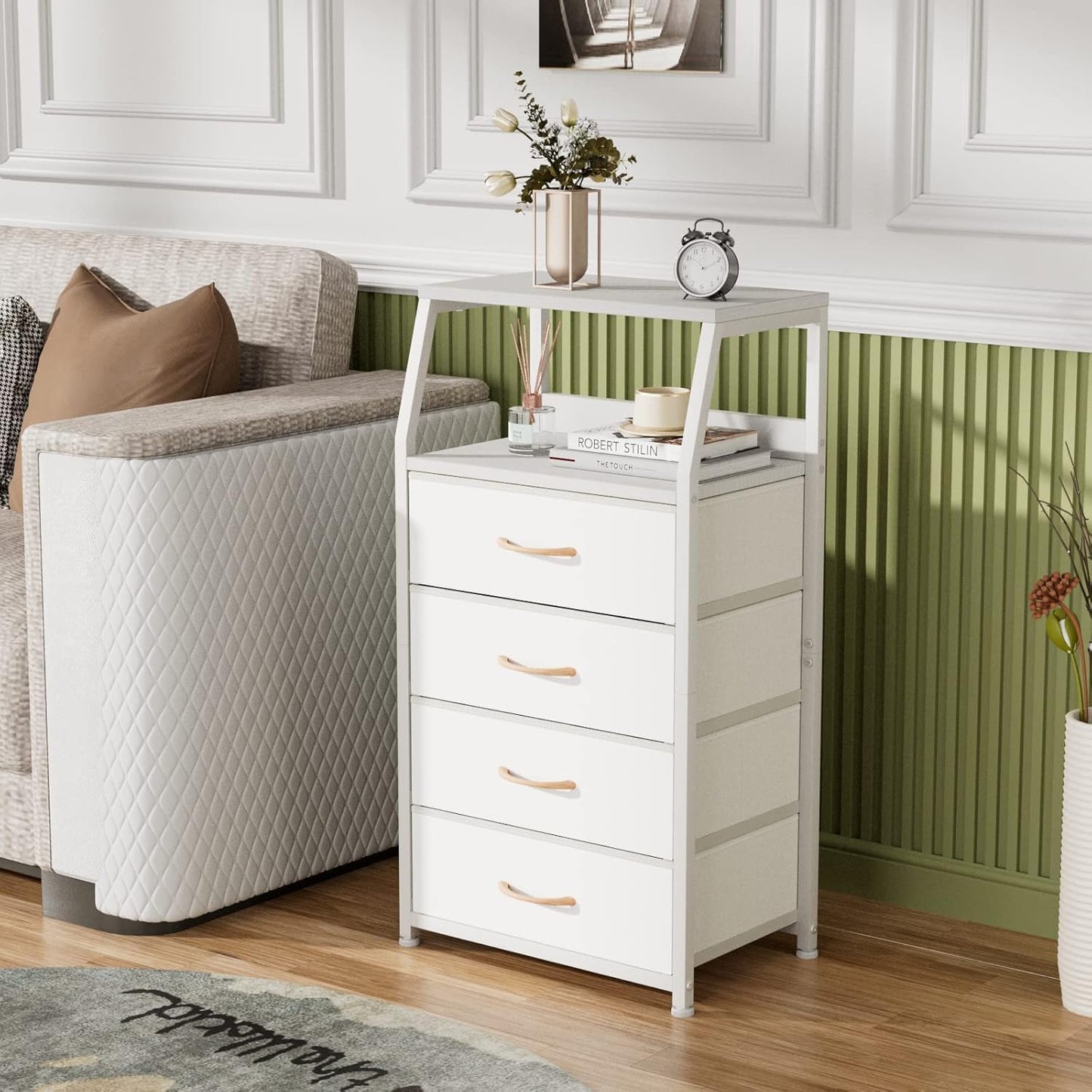 Furnulem Tall 4 Drawers Dresser, Vertical Storage Tower for Bedroom, Hallway, Entryway, Nursery, Closet Organizer, Nightstand Bedside Table Furniture, Sturdy Steel Frame, Wood Top, White