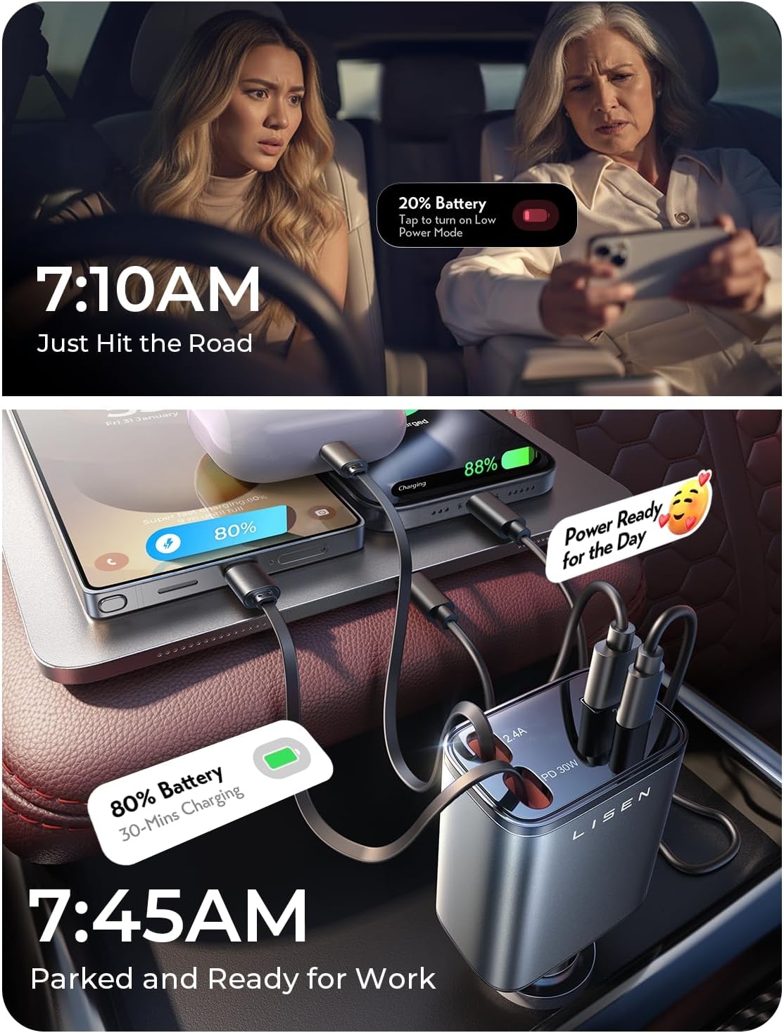 LISEN Retractable Car Charger, Gifts for Him Her, Car Adapter USB C Fast Charger, gifts for Mothers Day Travel Essentials kits Car Accessories for Men Women Gifts for iPhone 17 16 15 14 13 Samsung S26