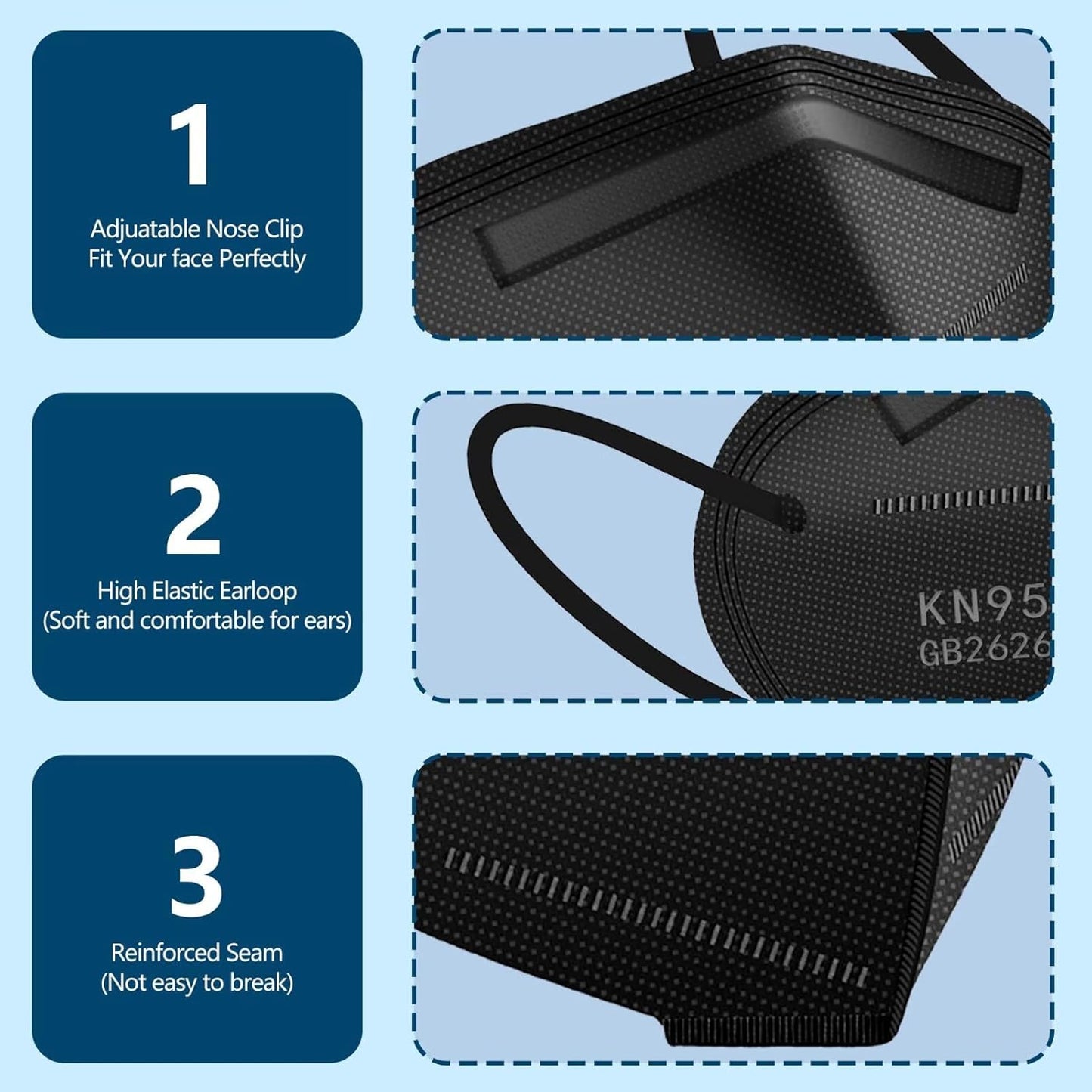 50PCS KN95 Face Masks Black 5 Layer Cup Dust Safety Filter Efficiency≥95% with Elastic Ear Loops and Nose Bridge Clip Breathable Mask