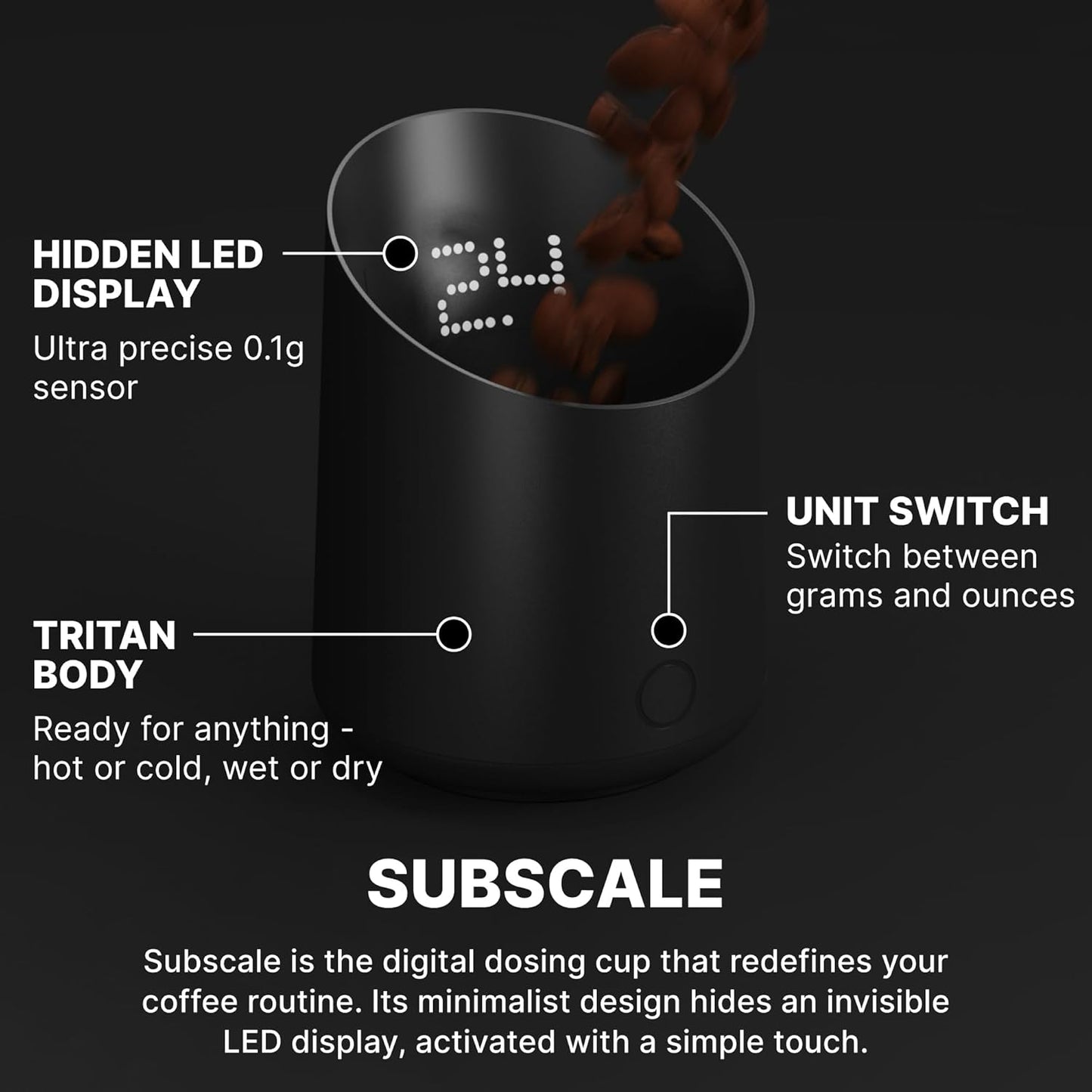 Subminimal Subscale Digital Dosing Cup with LED Display – Sleek & Precise Scale - Dosing & Brewing Accessories, Measures Coffee Grounds for Espresso - Black