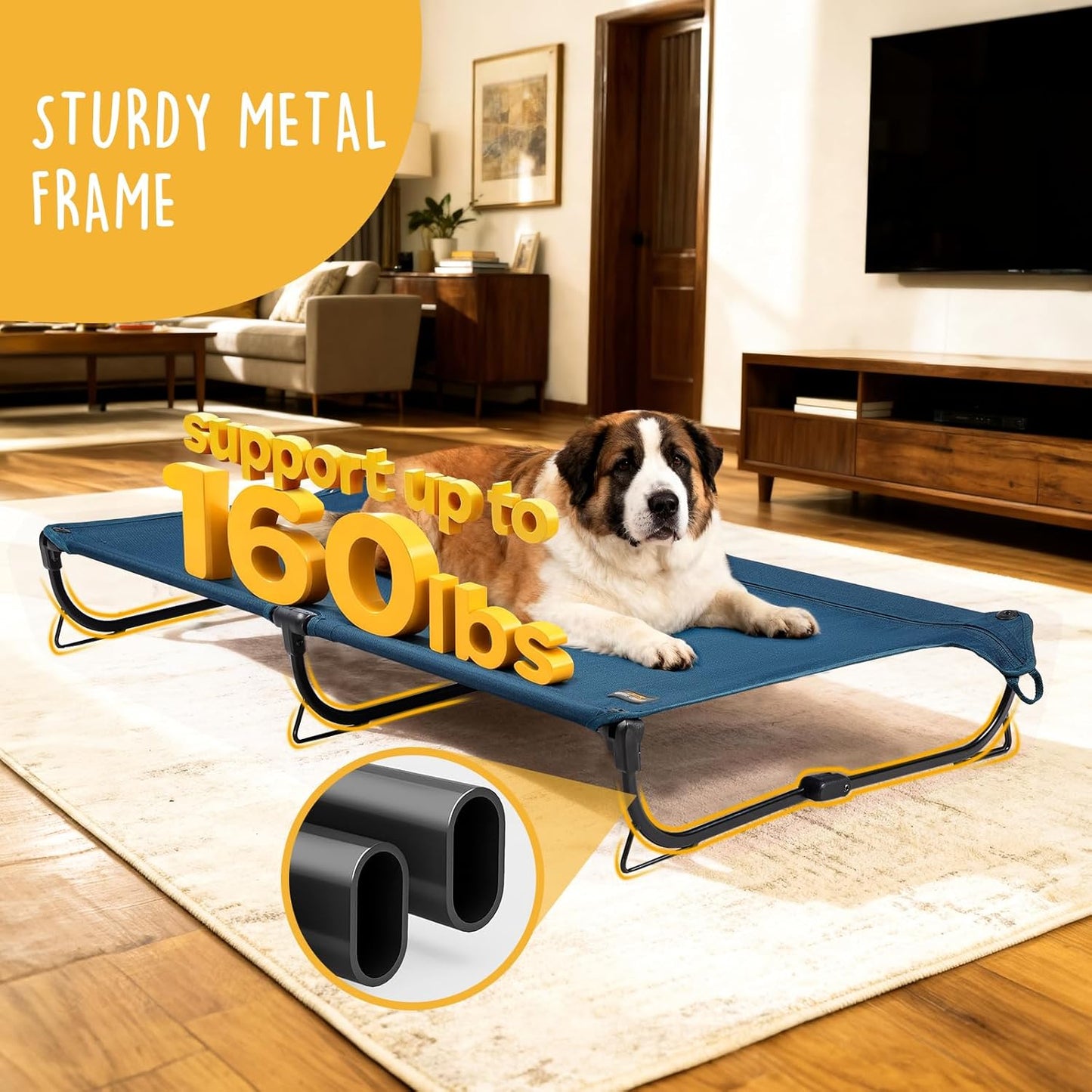 Folding Raised Dog Cot, Large Outdoor Elevated Dog Bed, Cooling Chew Proof Pet Cots Bed, Portable, Heavy Duty Up to 160 lbs, Pet Cot for Camping, Home, Dark Blue, 43"x27"x7"
