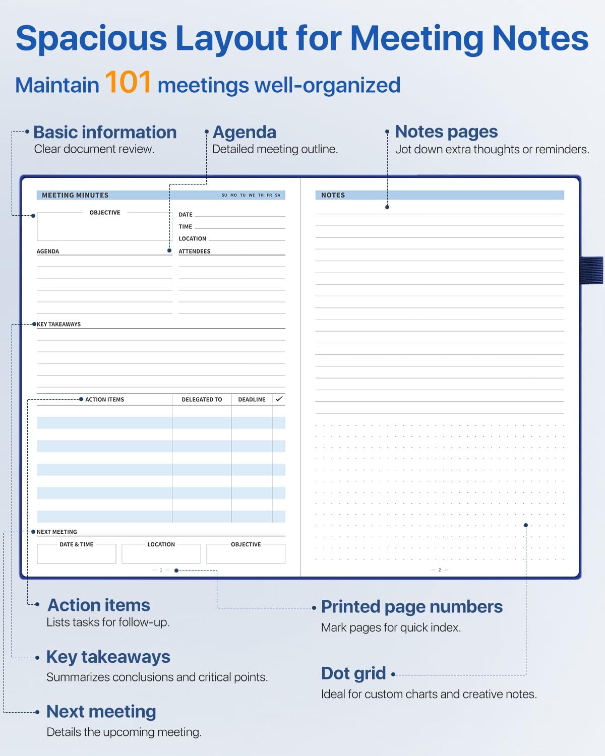 WEMATE Meeting Notebook for Work, Work Planner Notebook with Action Items, B5 Size Project Planner, Easily Take Meeting Notes & Keep Agendas on Track, Calender, Index Page, Inner Pocket, 7×10 Inch, Dark Blue