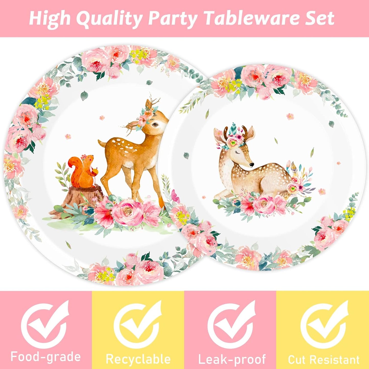 Tevxj 96PCS Woodland Baby Shower Tableware Set Girls Pink Safari Dinnerware Disposable Plates Woodland Party Plates Napkins Forks for Forest Animal Deer Flower Party Decorations Supplies 24 guests