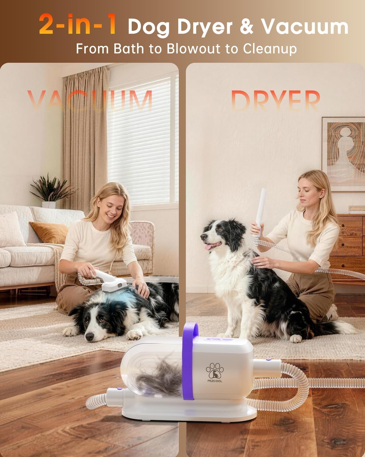 LOMMOL Dog Grooming Vacuum 6 in 1, Dog Grooming Kit with 2.2L Dust Cup, Clippers Dogs Vacuum with Dryer Function, Low Noise Upgrade Pet Grooming Vacuum with 6 Tools for Home Pet Hair, Purple