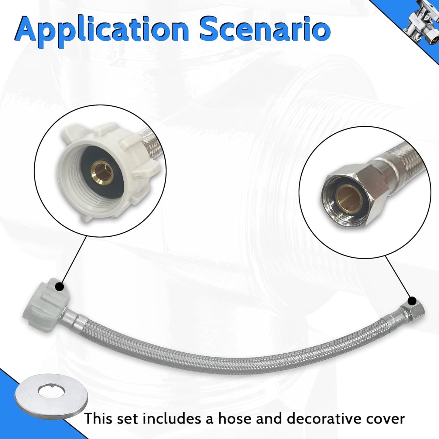 VINTEX Toilet Connector Plumbing kit，Complete Toilet Set Valve with 12" Long Stainless Steel Toilet Connector Hose，1/2 inch NOM Inlet x 3/8 inch OD Compression Outlet Angle Shut Off+Escutcheon Plate