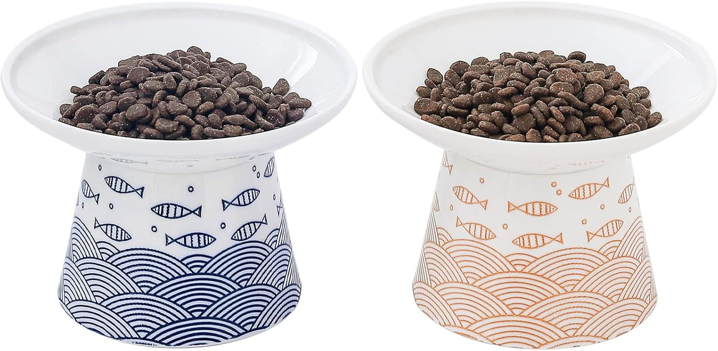 WUHOSTAM 6.25 Inch Extra Wide Ceramic Raised Cat Food Bowls, Elevated Cat Feeding Dish, Heavy Pet Feeder Bowl for Elder Big Cats,Small Dogs, Reduce Vomiting, Protect Pet's Spine, 2 Pack(Blue&Orange)