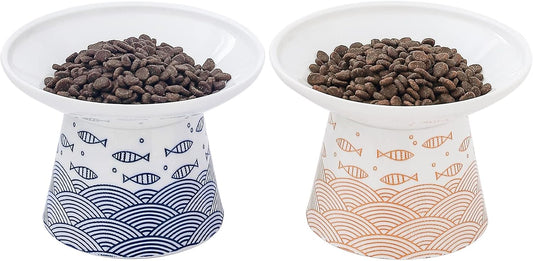 WUHOSTAM 6.25 Inch Extra Wide Ceramic Raised Cat Food Bowls, Elevated Cat Feeding Dish, Heavy Pet Feeder Bowl for Elder Big Cats,Small Dogs, Reduce Vomiting, Protect Pet's Spine, 2 Pack(Blue&Orange)