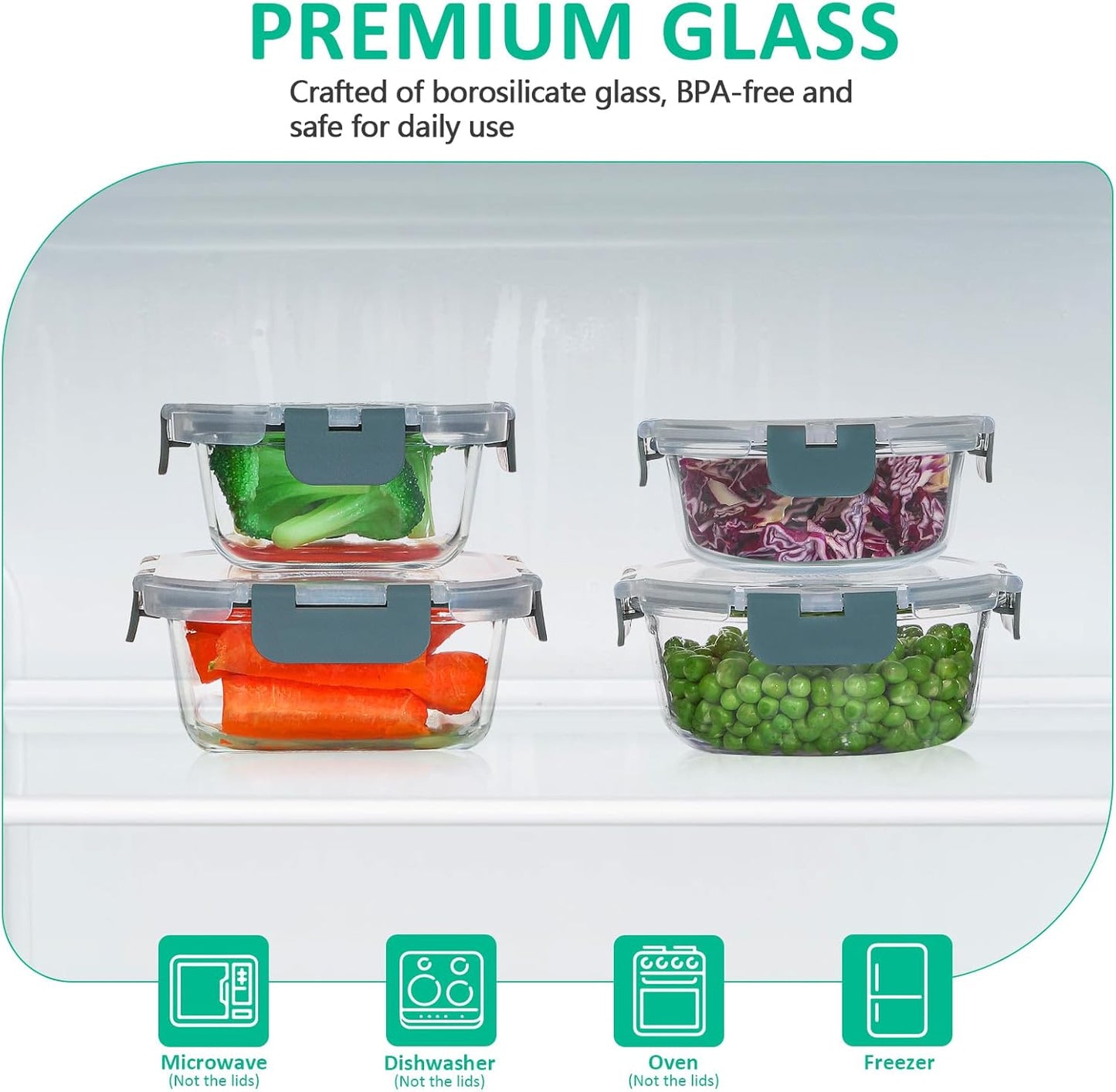 KOMUEE 24 Pieces Glass Food Storage Containers Set,Meal Prep Containers-Stackable Airtight Glass Storage Containers with lids,Freezer, Microwave, Oven Safe,Gray