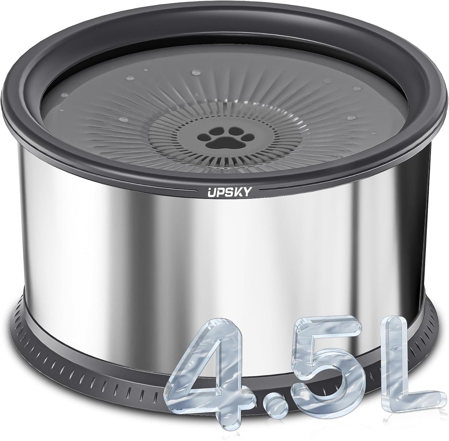 UPSKY 4.5L Dog Water Bowl,Large Capacity No Spill Dog Water Bowl,Stainless Steel Spill Proof Slow Water Feeder,No Splash Water Bowl with Anti-Slip Mat for Messy Drinkers Grey, B.4.5L