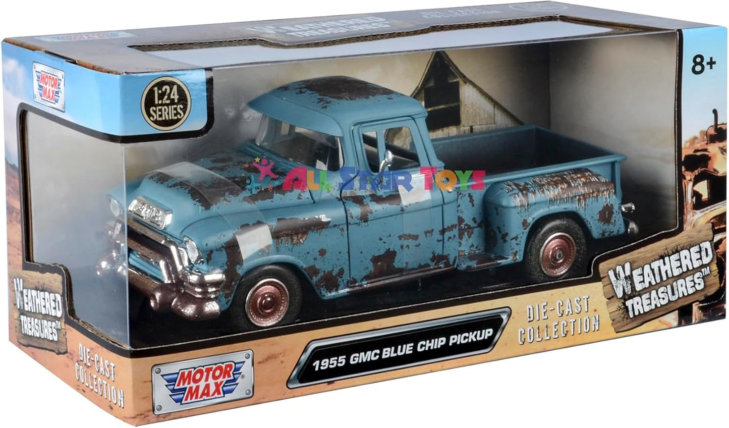 Motormax 1955 GMC Blue Chip Pickup Weathered Treasueres Barn Find 1/24 Scale Diecast Model Car 79071 All Star Toys Edition
