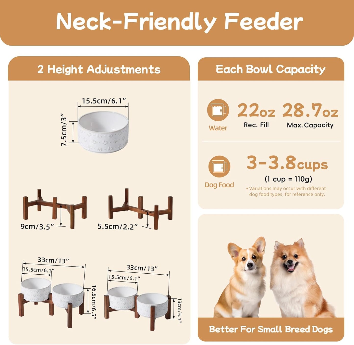 6.1inch Ceramic Raised Double Bowls Set with Acacia Wood Stand, 2 Heights Elevated, Food & Water Bowls for Small Breed Dogs, Weighted Dog Dishes, Pet Bowl(27oz, Arctic White)