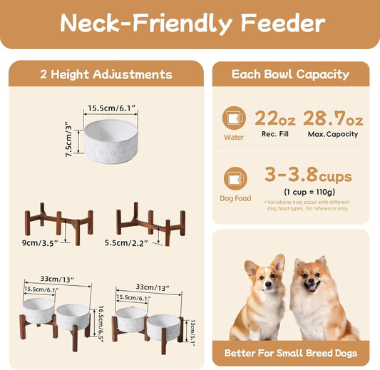 6.1inch Ceramic Raised Double Bowls Set with Acacia Wood Stand, 2 Heights Elevated, Food & Water Bowls for Small Breed Dogs, Weighted Dog Dishes, Pet Bowl(27oz, Arctic White)