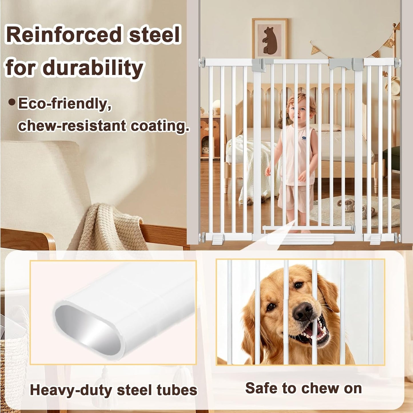30"-62.5" Extra Wide Baby Gate for Doorways/Hallways,Pressure-Mounted Dog Gate Indoor for Stairs, Auto Close Pet Door for Child/pet Proof Safety, No Need Drilling, White
