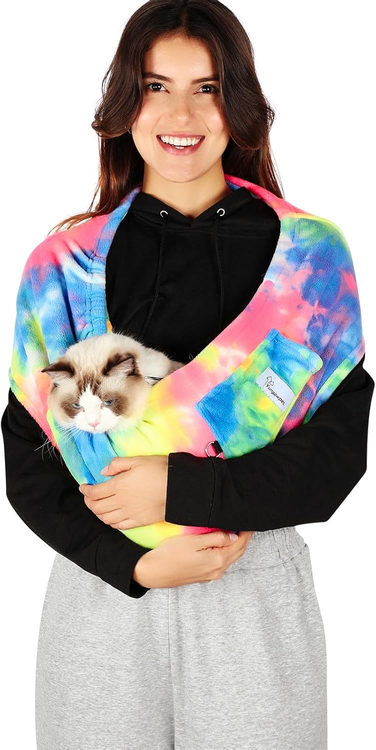 Dog Sling Carrier for Cats and Small Dogs – Hands Free Pet Sling with Adjustable Safety Strap & Buckle, Soft Cat Sling Carrier for Snuggling, Portable Dog Carrier Sling (Medium, Fruits)