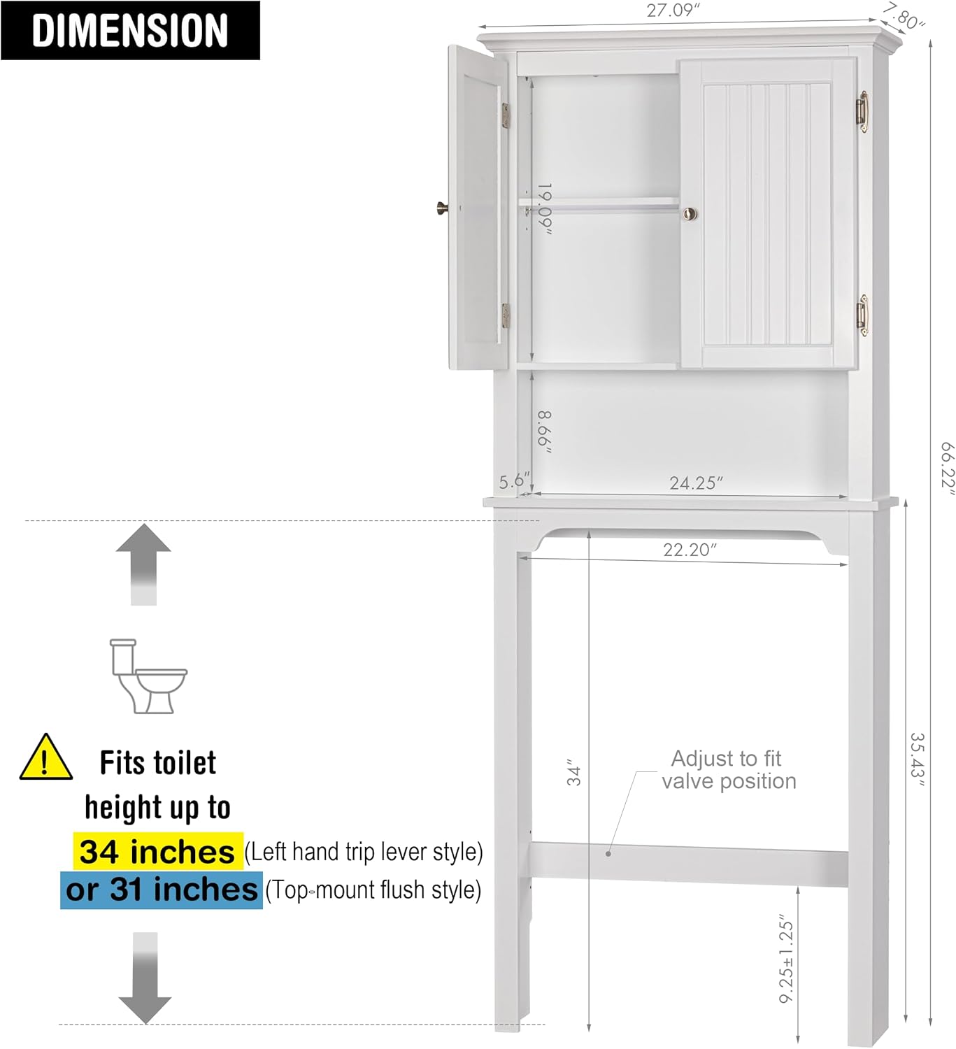 UTEX Over The Toilet Storage Cabinet, Over Toilet Bathroom Organizer with Adjustable Shelves and Double Doors, White